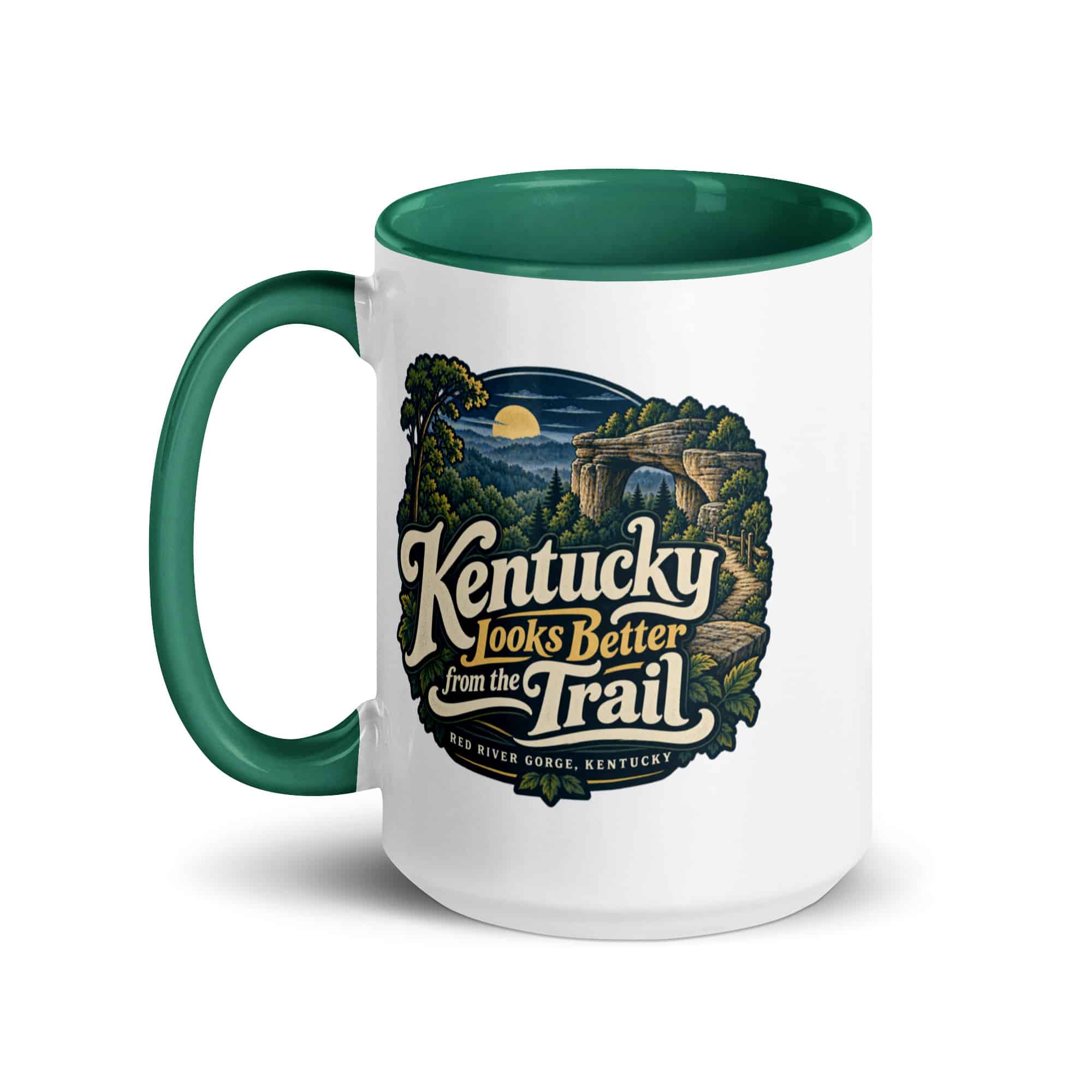 Red River Gorge Color Inside Coffee Mug: Kentucky Looks Better from the Trail, Woodland Scenic Lettering