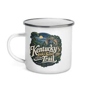 Red River Gorge Enamel Camp Mug: Kentucky Looks Better from the Trail, Woodland Scenic Lettering - 12 oz - Left