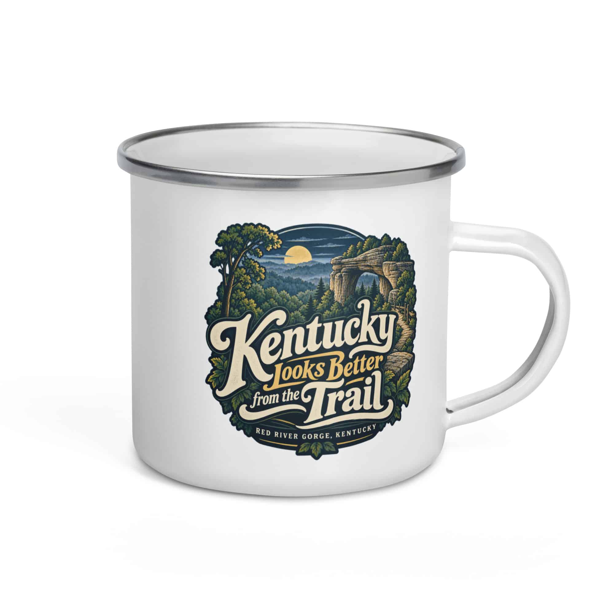 Red River Gorge Enamel Camp Mug: Kentucky Looks Better from the Trail, Woodland Scenic Lettering