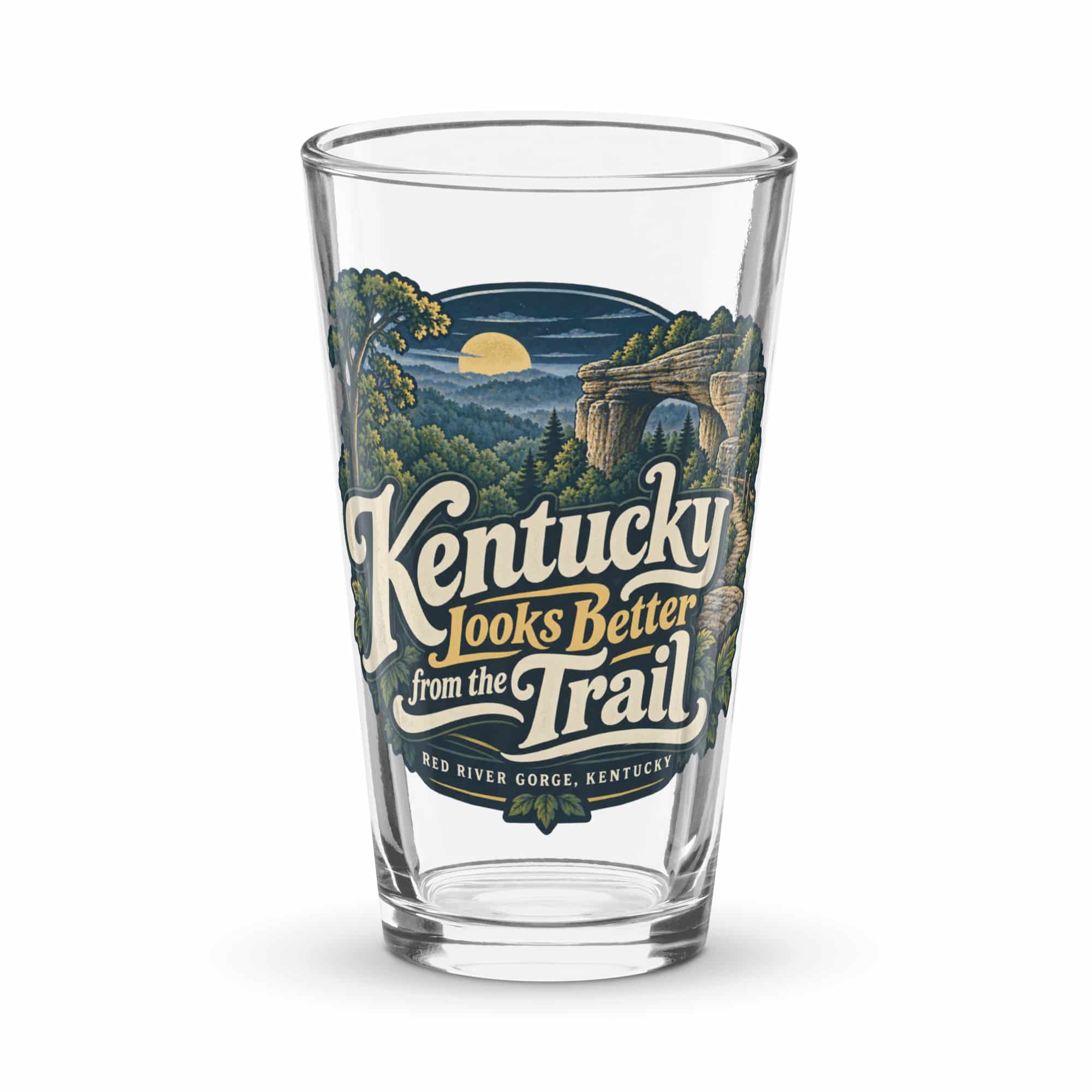 Red River Gorge Pint Glass: Kentucky Looks Better from the Trail, Woodland Scenic Lettering