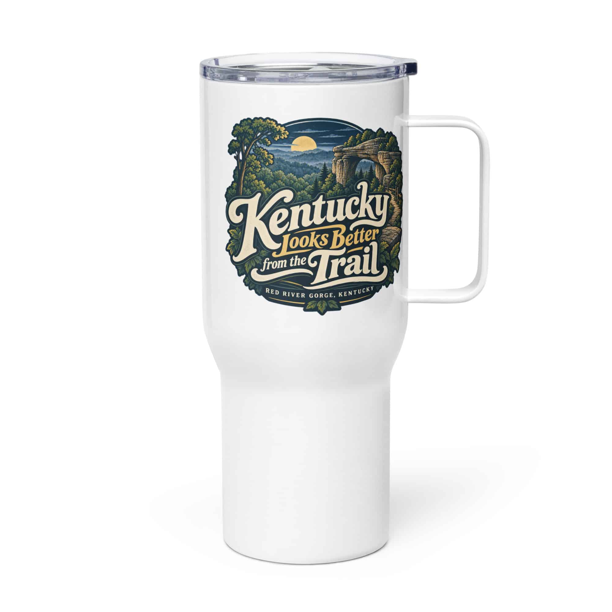 Red River Gorge Travel Mug: Kentucky Looks Better from the Trail, Woodland Scenic Lettering