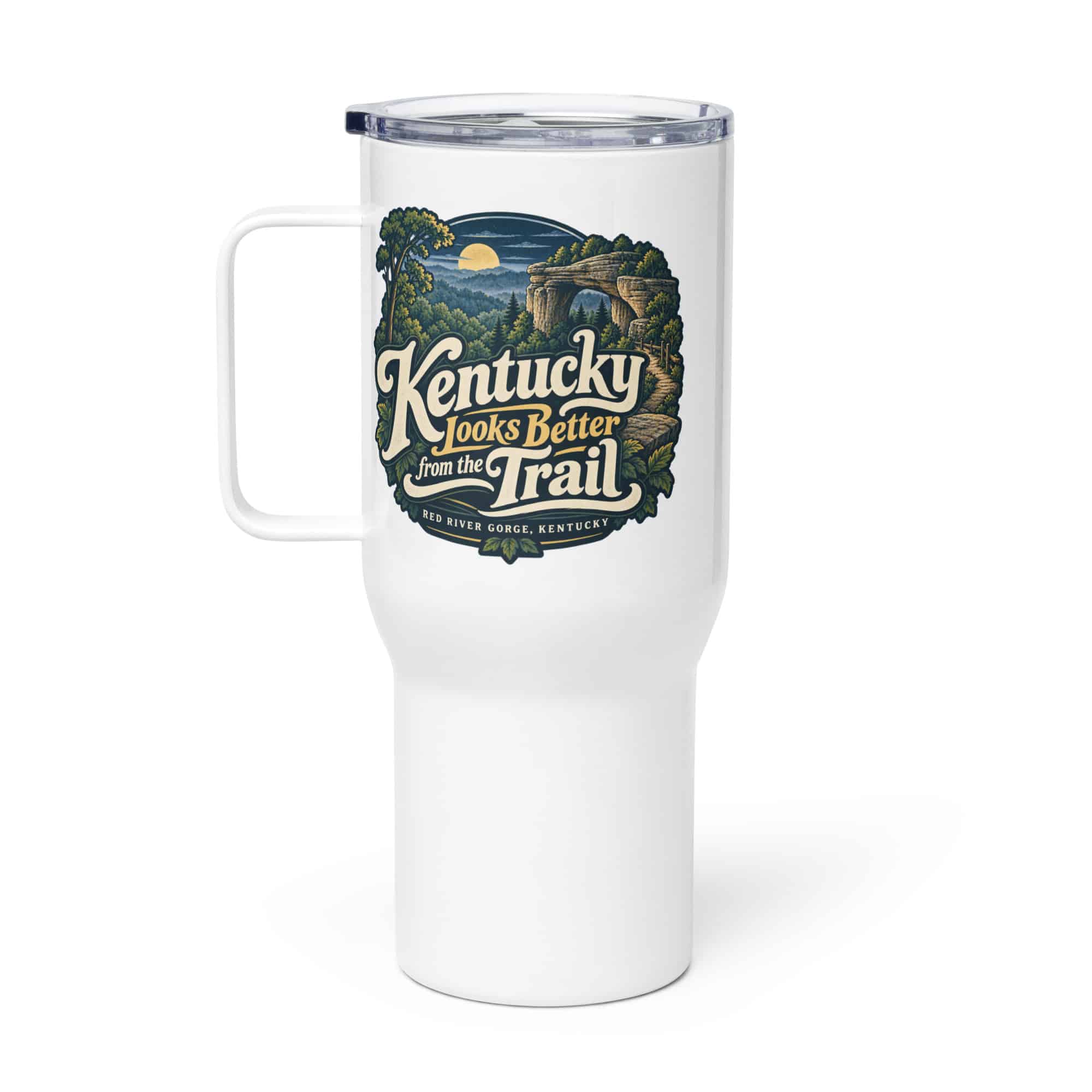 Red River Gorge Travel Mug: Kentucky Looks Better from the Trail, Woodland Scenic Lettering