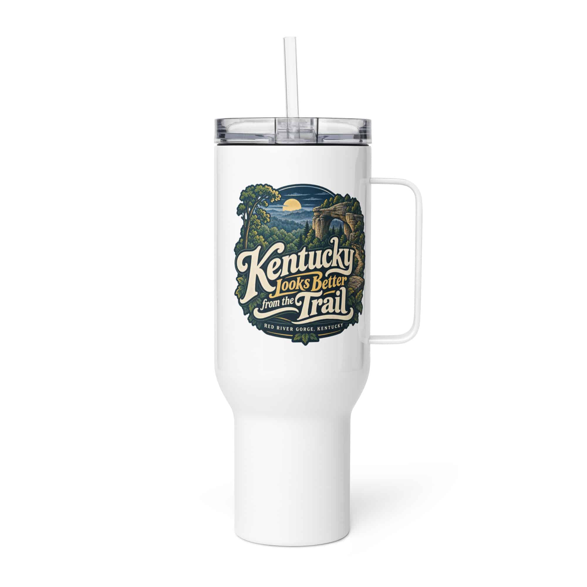 Red River Gorge Travel Mug: Kentucky Looks Better from the Trail, Woodland Scenic Lettering