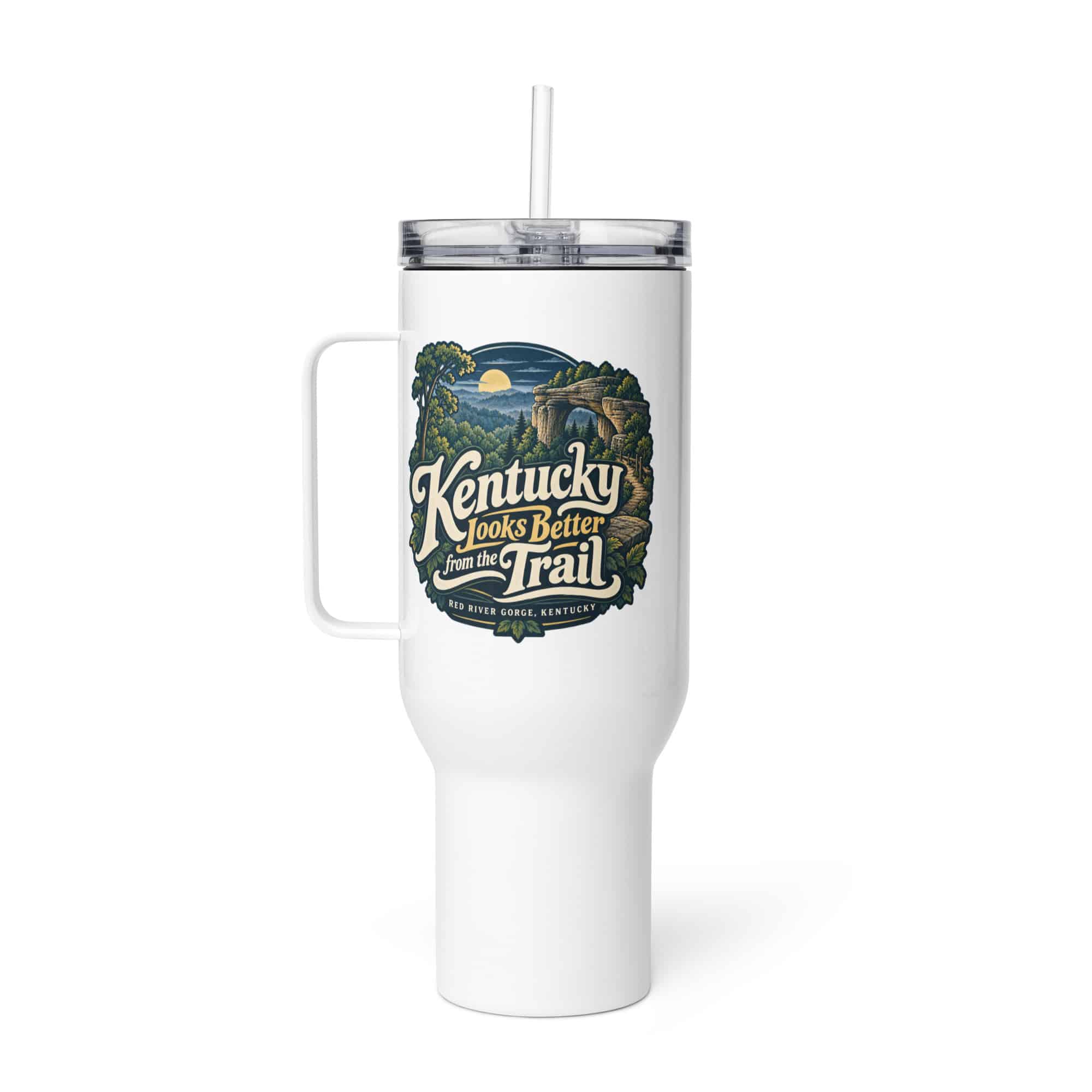 Red River Gorge Travel Mug: Kentucky Looks Better from the Trail, Woodland Scenic Lettering