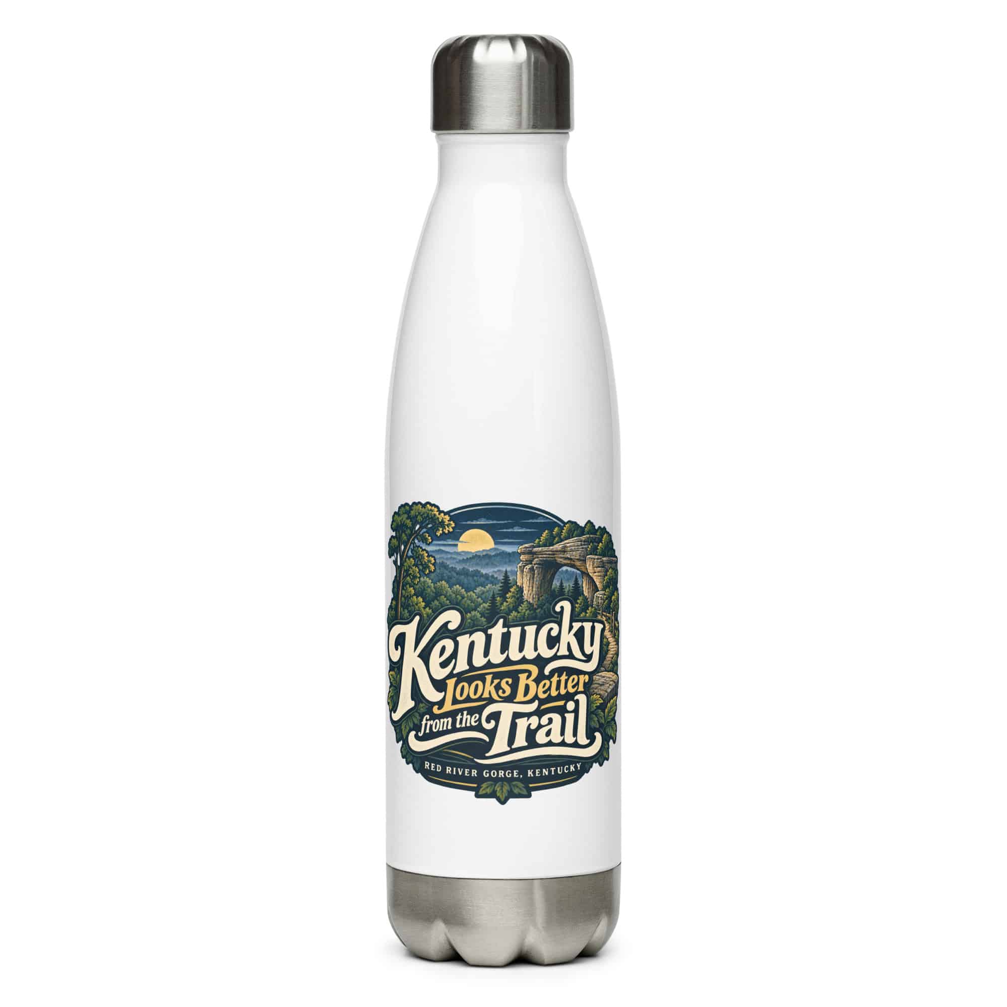Red River Gorge Stainless Steel Water Bottle: Kentucky Looks Better from the Trail, Woodland Scenic Lettering