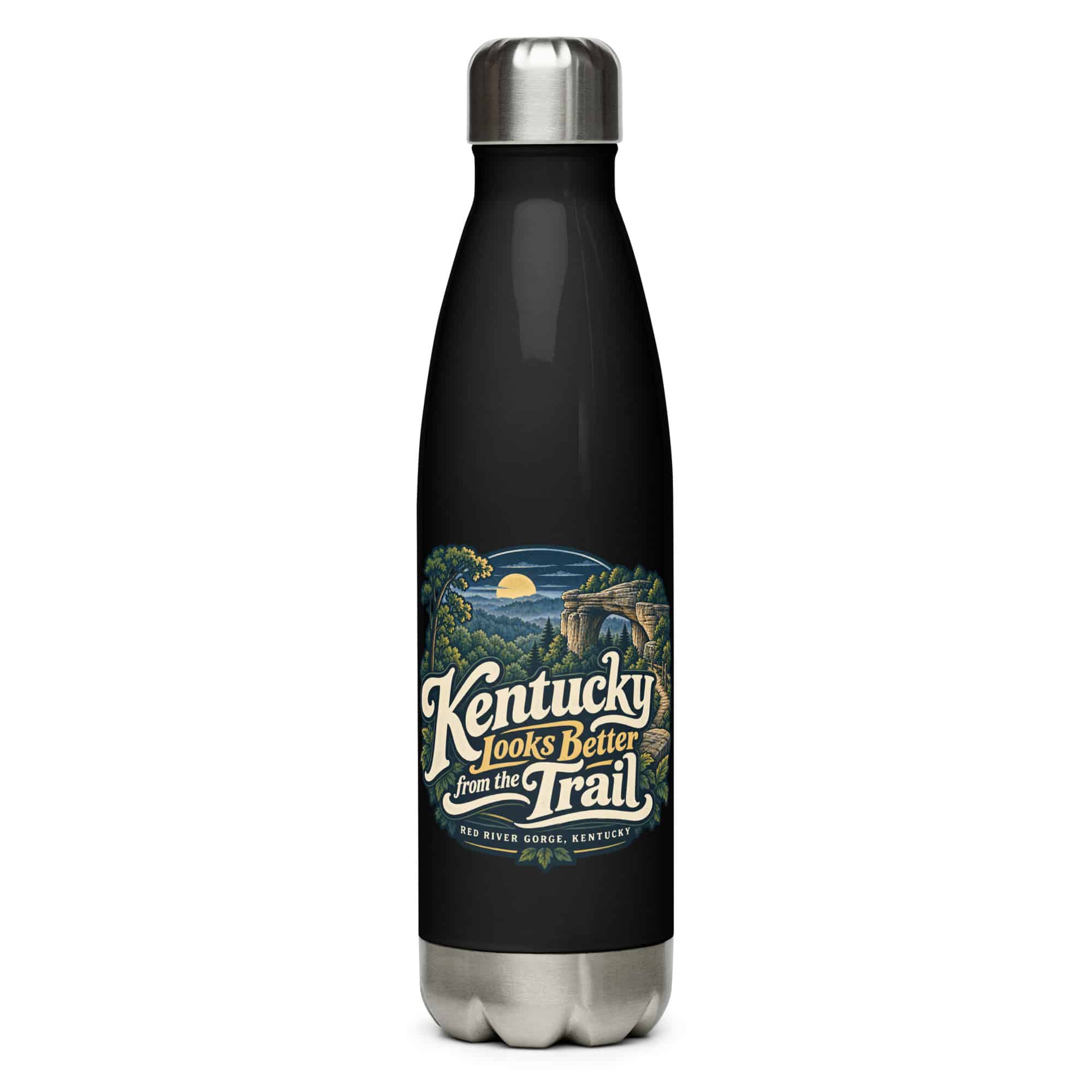 Red River Gorge Stainless Steel Water Bottle: Kentucky Looks Better from the Trail, Woodland Scenic Lettering