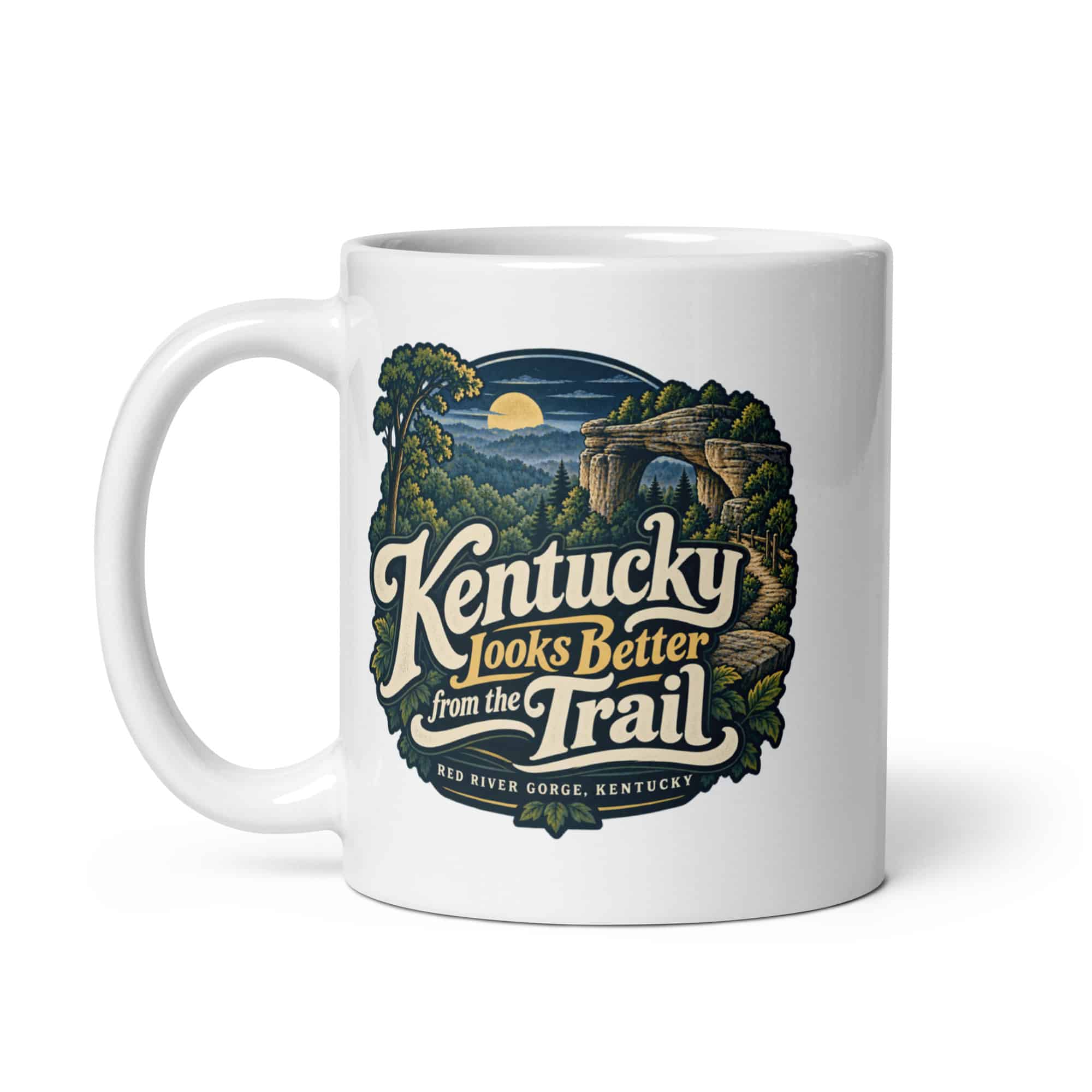 Red River Gorge White Ceramic Coffee Mug: Kentucky Looks Better from the Trail, Woodland Scenic Lettering