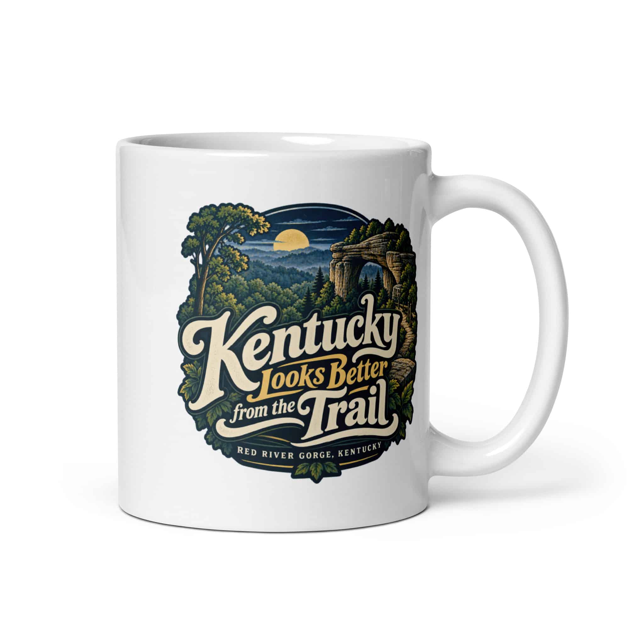 Red River Gorge White Ceramic Coffee Mug: Kentucky Looks Better from the Trail, Woodland Scenic Lettering