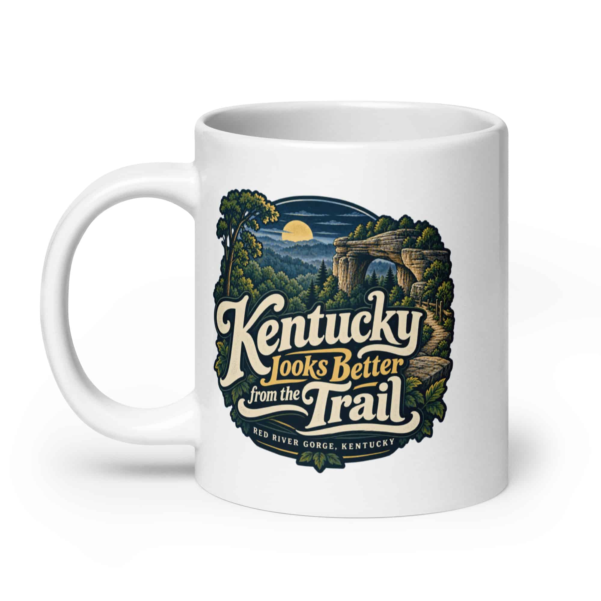 Red River Gorge White Ceramic Coffee Mug: Kentucky Looks Better from the Trail, Woodland Scenic Lettering