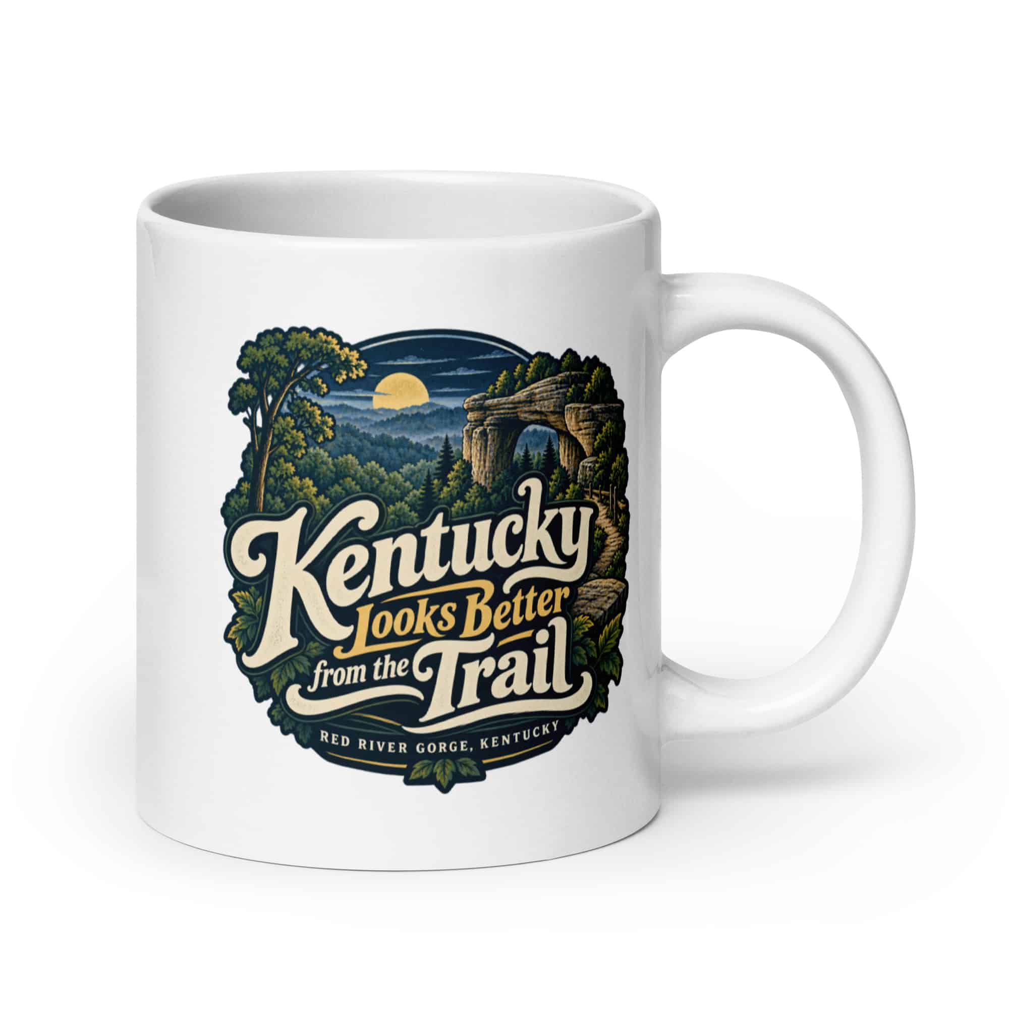 Red River Gorge White Ceramic Coffee Mug: Kentucky Looks Better from the Trail, Woodland Scenic Lettering