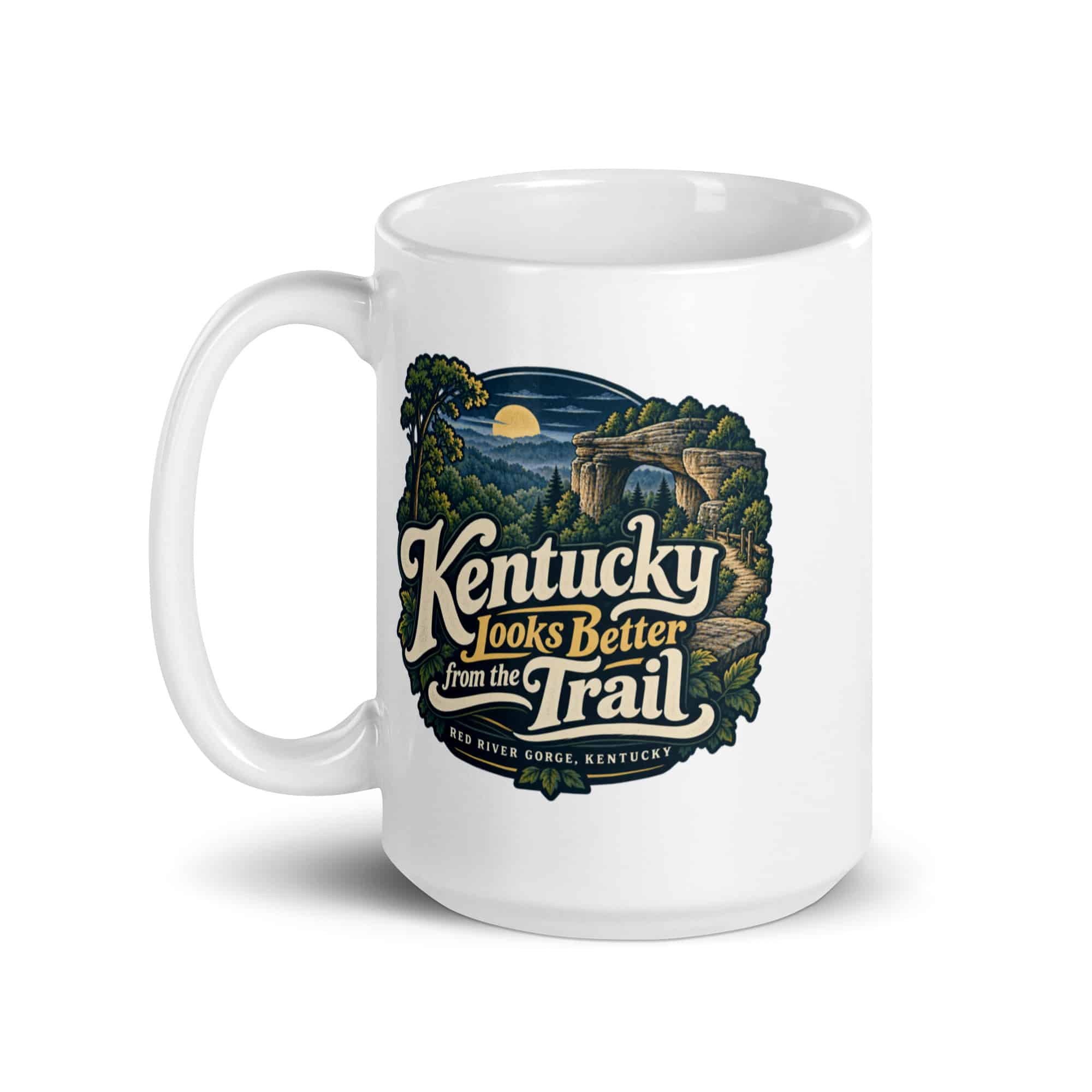Red River Gorge White Ceramic Coffee Mug: Kentucky Looks Better from the Trail, Woodland Scenic Lettering
