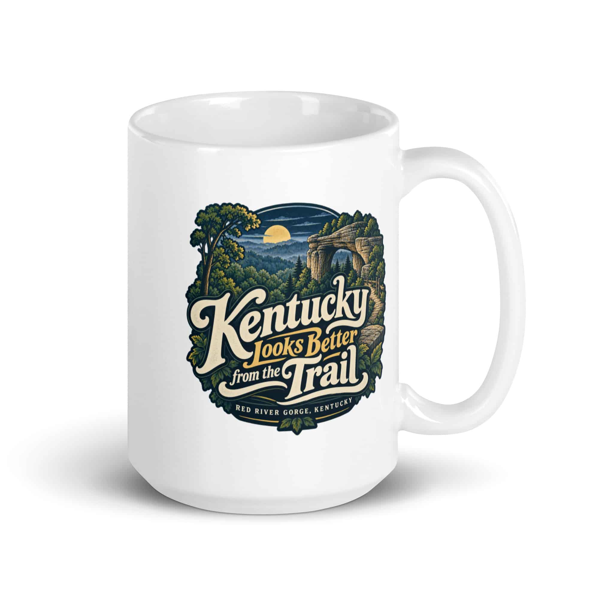 Red River Gorge White Ceramic Coffee Mug: Kentucky Looks Better from the Trail, Woodland Scenic Lettering