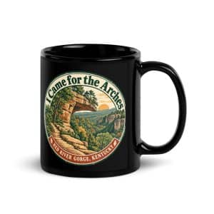 Red River Gorge Black Coffee Mug: I Came for the Arches, Vintage Round Badge - 11 oz - Handle on Right