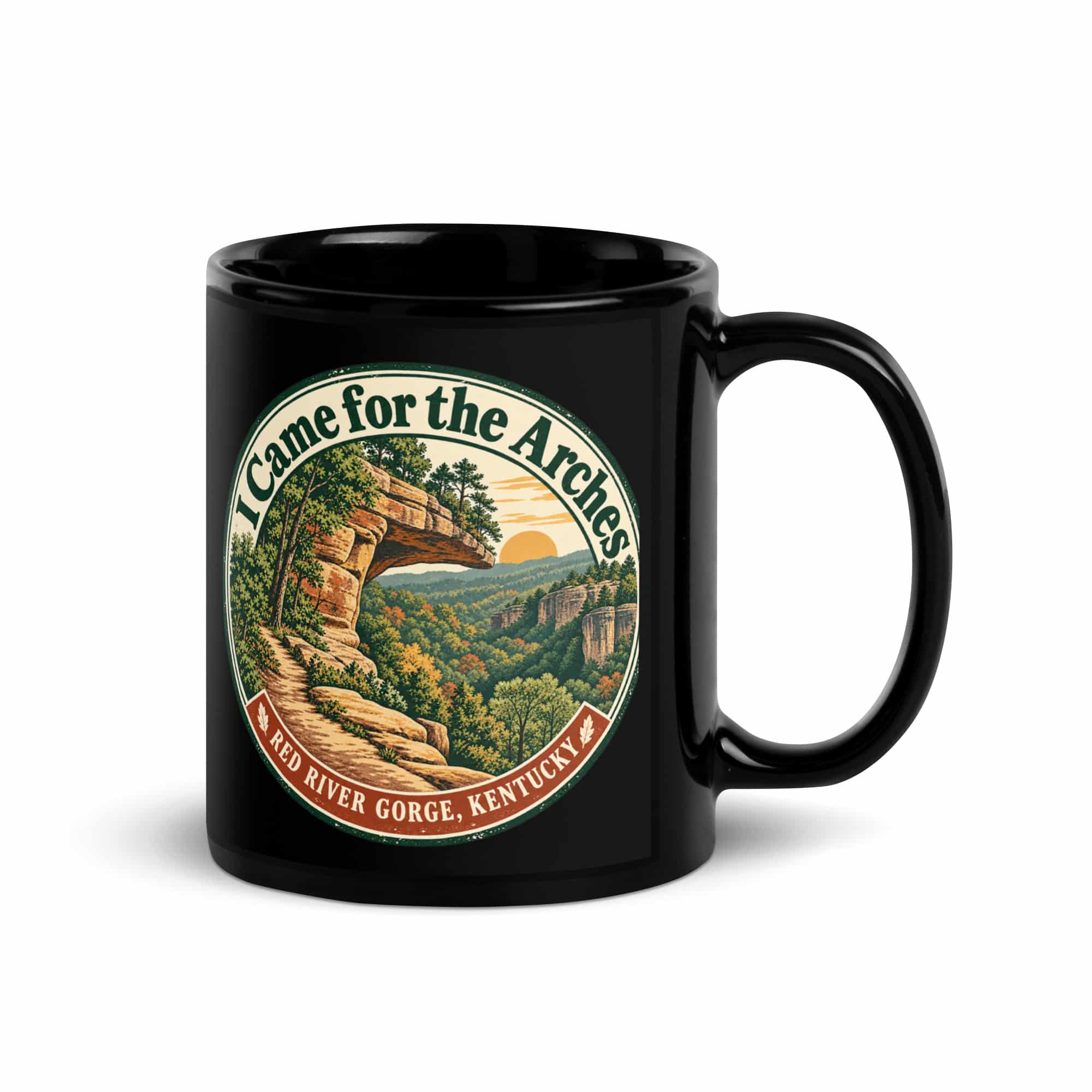 Red River Gorge Black Coffee Mug: I Came for the Arches, Vintage Round Badge