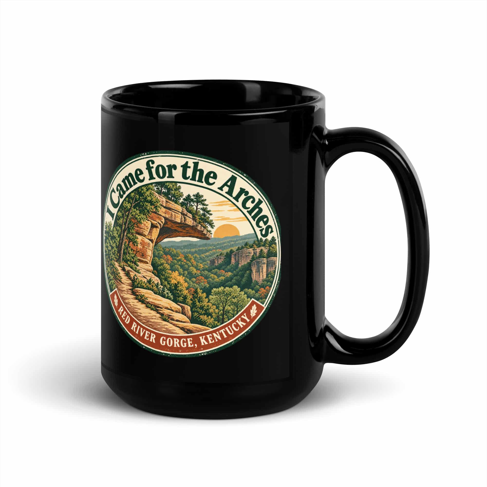 Red River Gorge Black Coffee Mug: I Came for the Arches, Vintage Round Badge