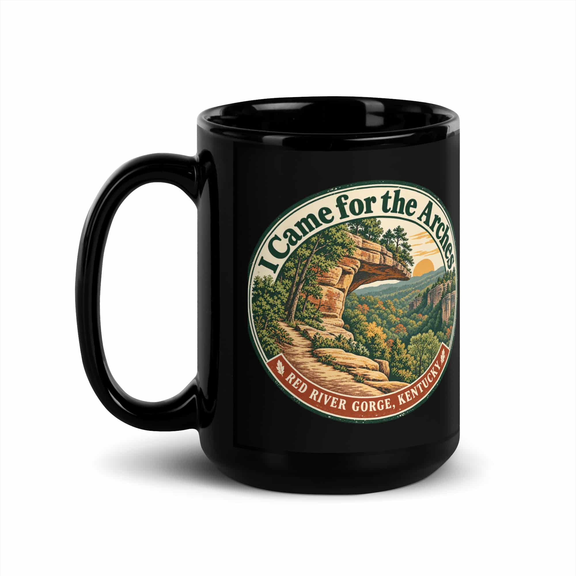 Red River Gorge Black Coffee Mug: I Came for the Arches, Vintage Round Badge
