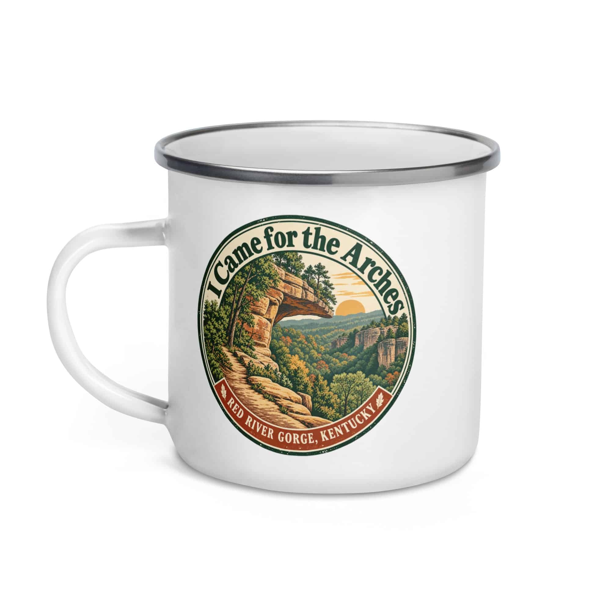 Red River Gorge Enamel Camp Mug: I Came for the Arches, Vintage Round Badge