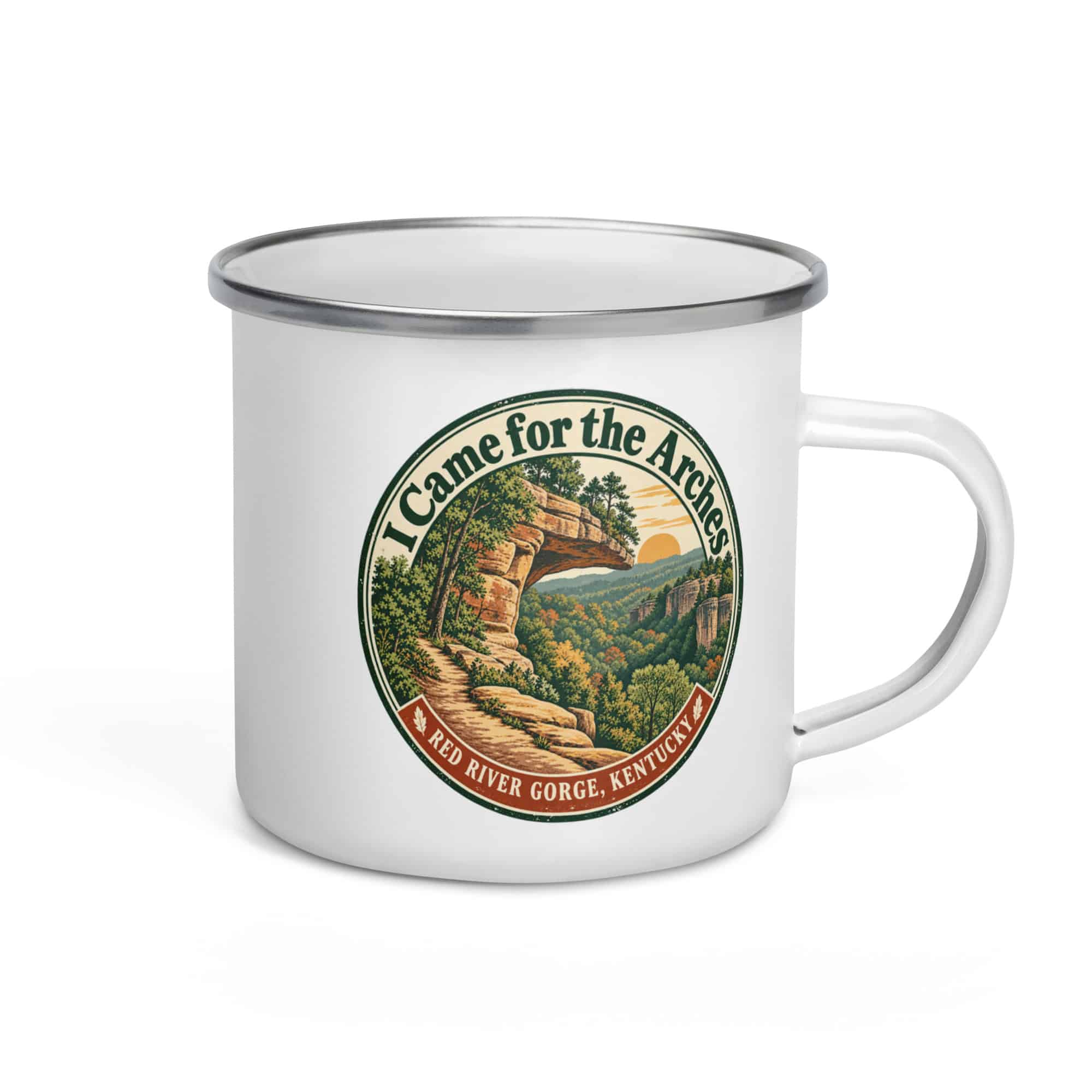 Red River Gorge Enamel Camp Mug: I Came for the Arches, Vintage Round Badge
