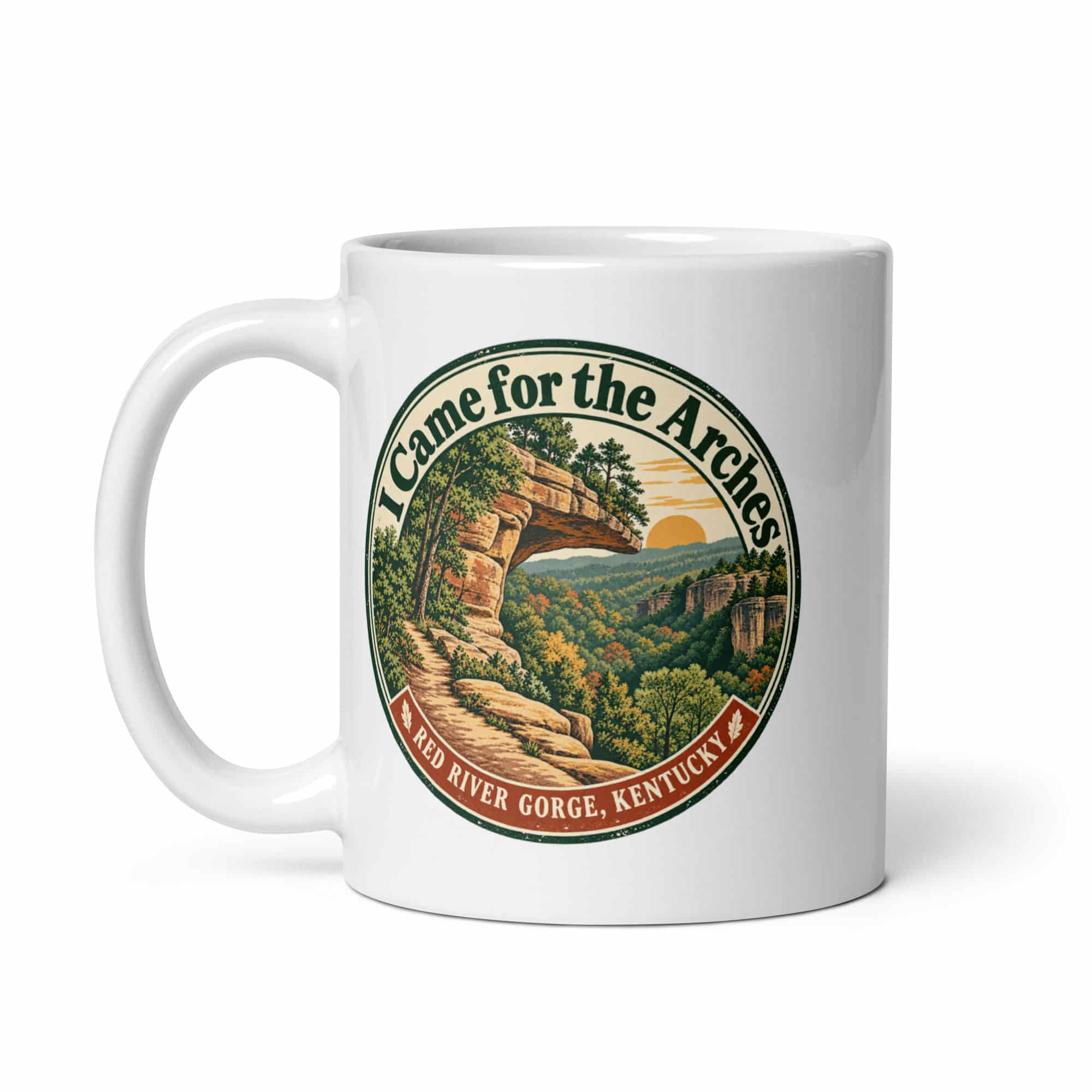 Red River Gorge White Ceramic Coffee Mug: I Came for the Arches, Vintage Round Badge