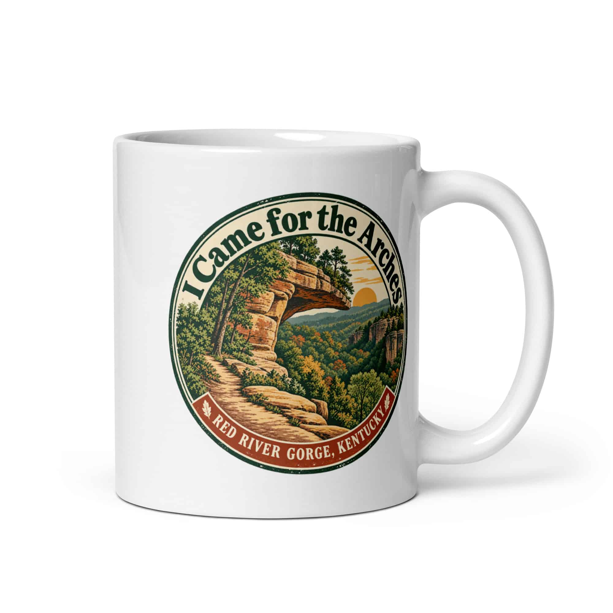 Red River Gorge White Ceramic Coffee Mug: I Came for the Arches, Vintage Round Badge
