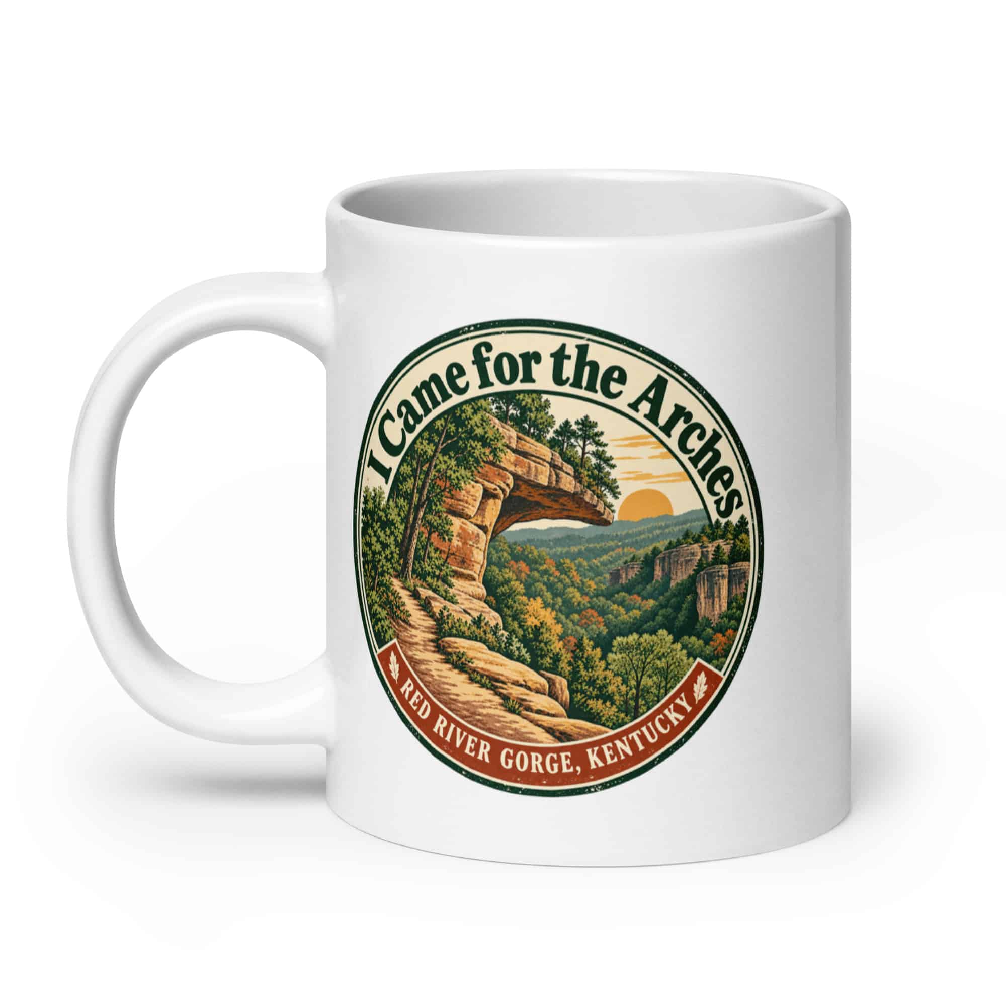 Red River Gorge White Ceramic Coffee Mug: I Came for the Arches, Vintage Round Badge