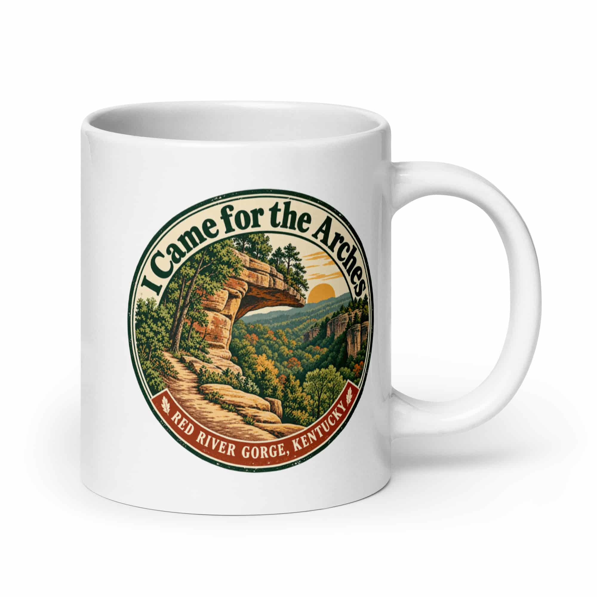 Red River Gorge White Ceramic Coffee Mug: I Came for the Arches, Vintage Round Badge
