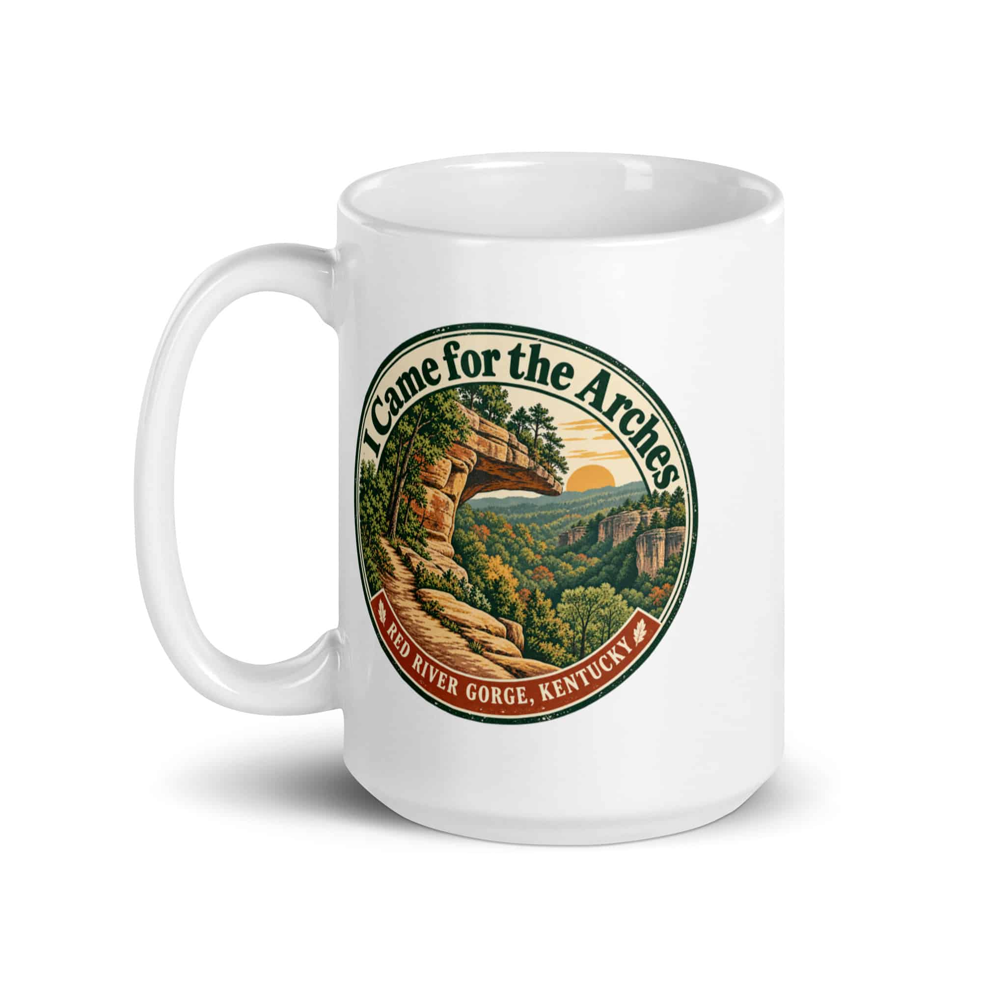 Red River Gorge White Ceramic Coffee Mug: I Came for the Arches, Vintage Round Badge