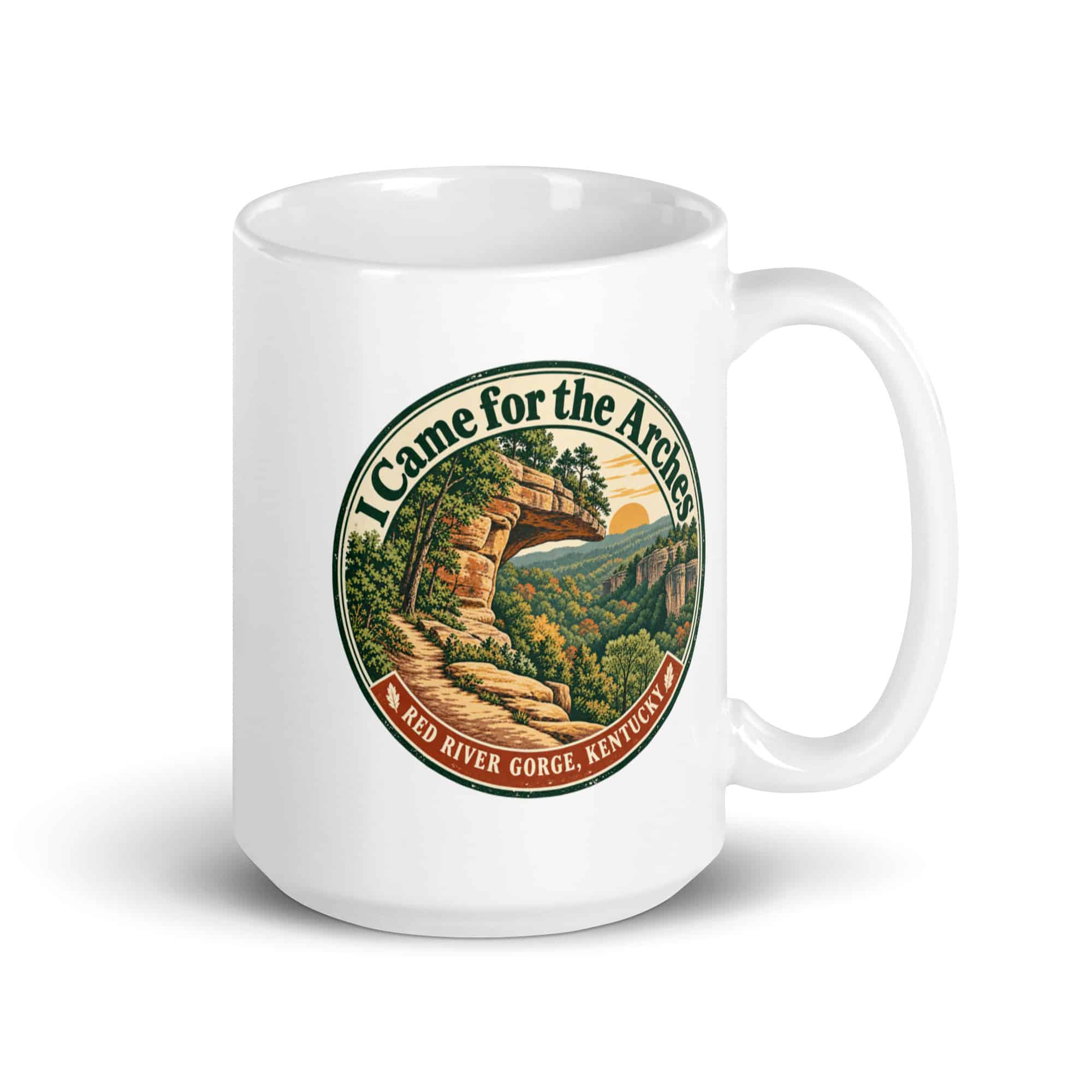 Red River Gorge White Ceramic Coffee Mug: I Came for the Arches, Vintage Round Badge