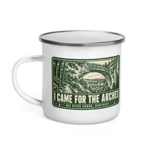 Red River Gorge Enamel Camp Mug: I Came for the Arches, Forest Ink Stamp - 12 oz - Left