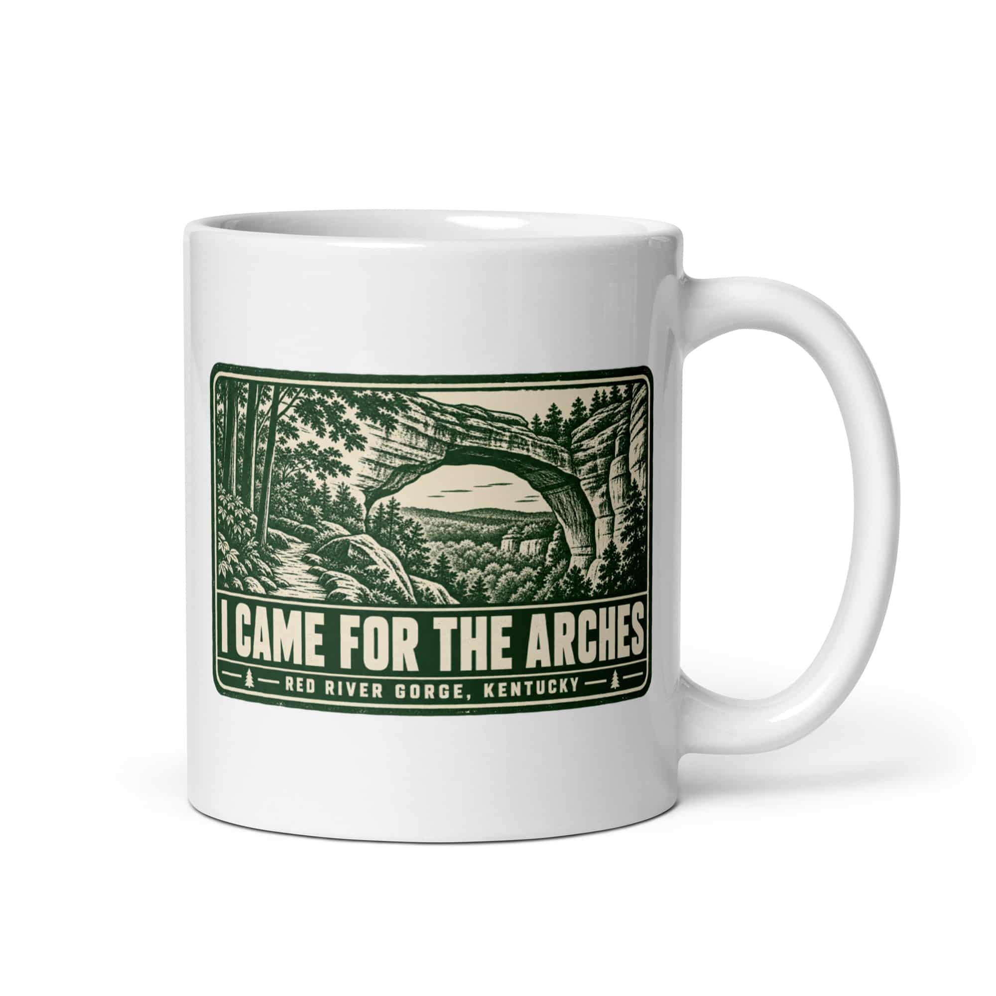 Red River Gorge White Ceramic Coffee Mug: I Came for the Arches, Forest Ink Stamp