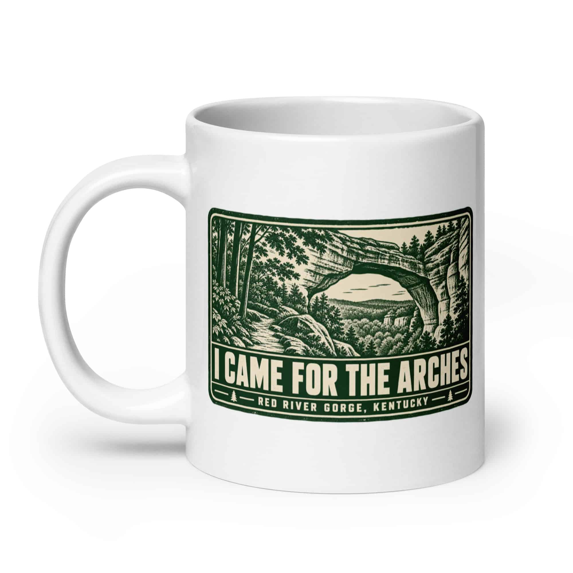 Red River Gorge White Ceramic Coffee Mug: I Came for the Arches, Forest Ink Stamp