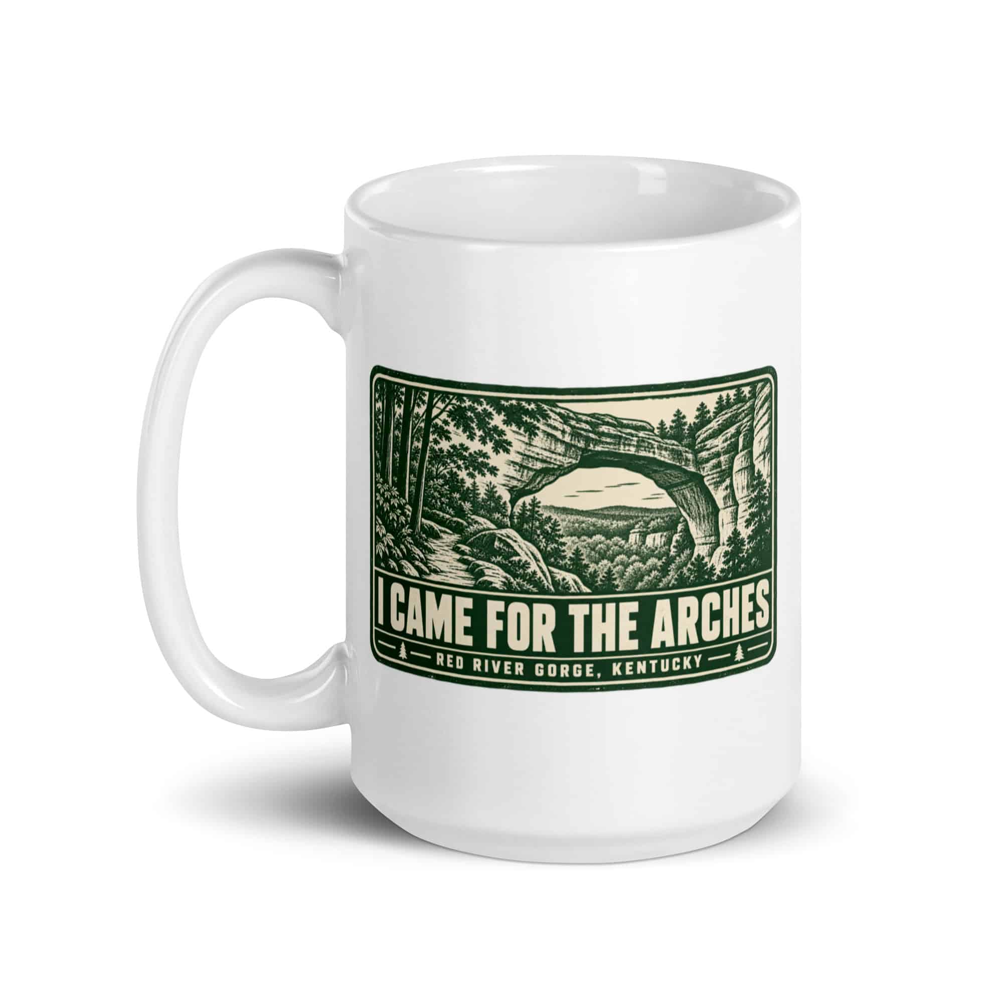 Red River Gorge White Ceramic Coffee Mug: I Came for the Arches, Forest Ink Stamp