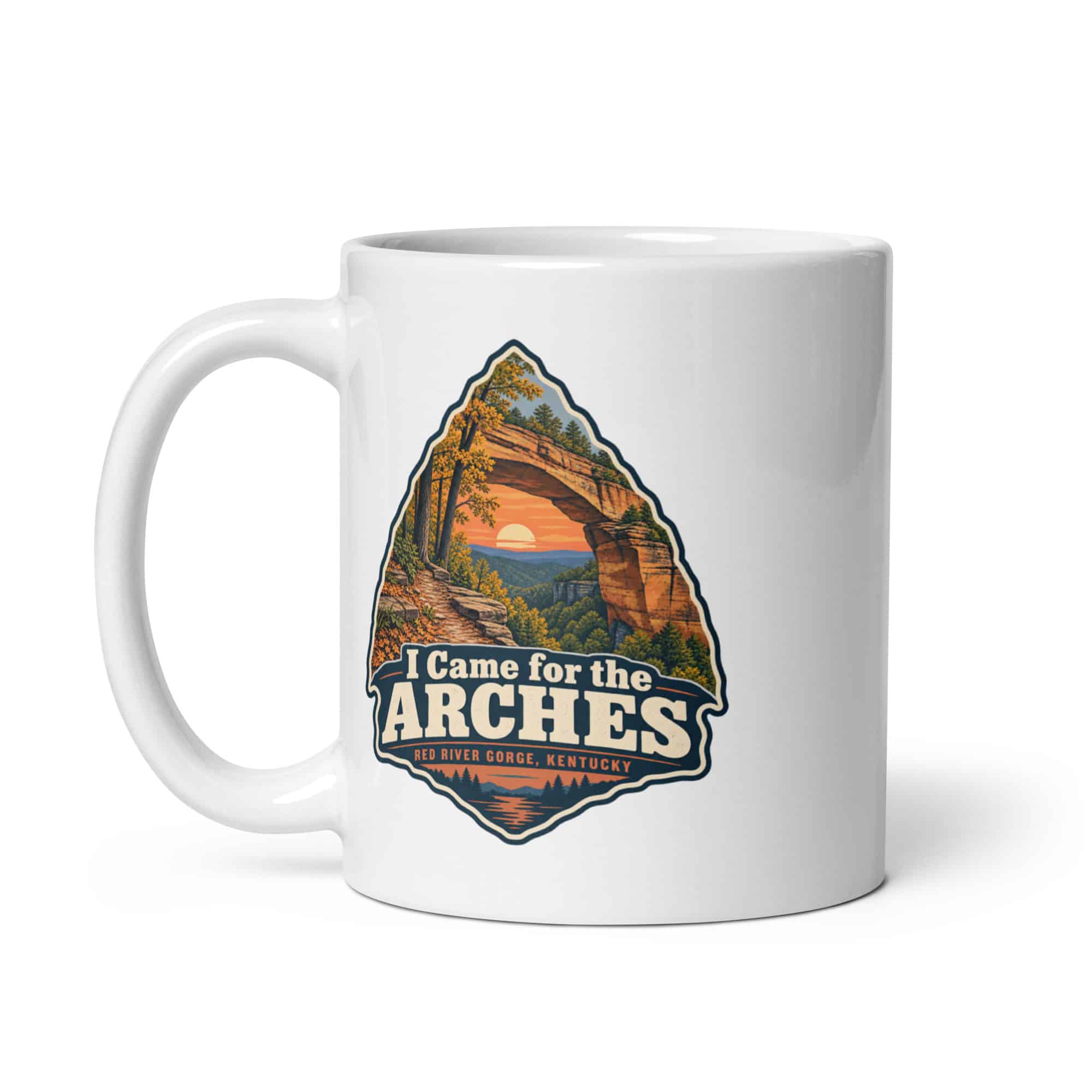 Red River Gorge White Ceramic Coffee Mug: I Came for the Arches, Scenic Shield Badge