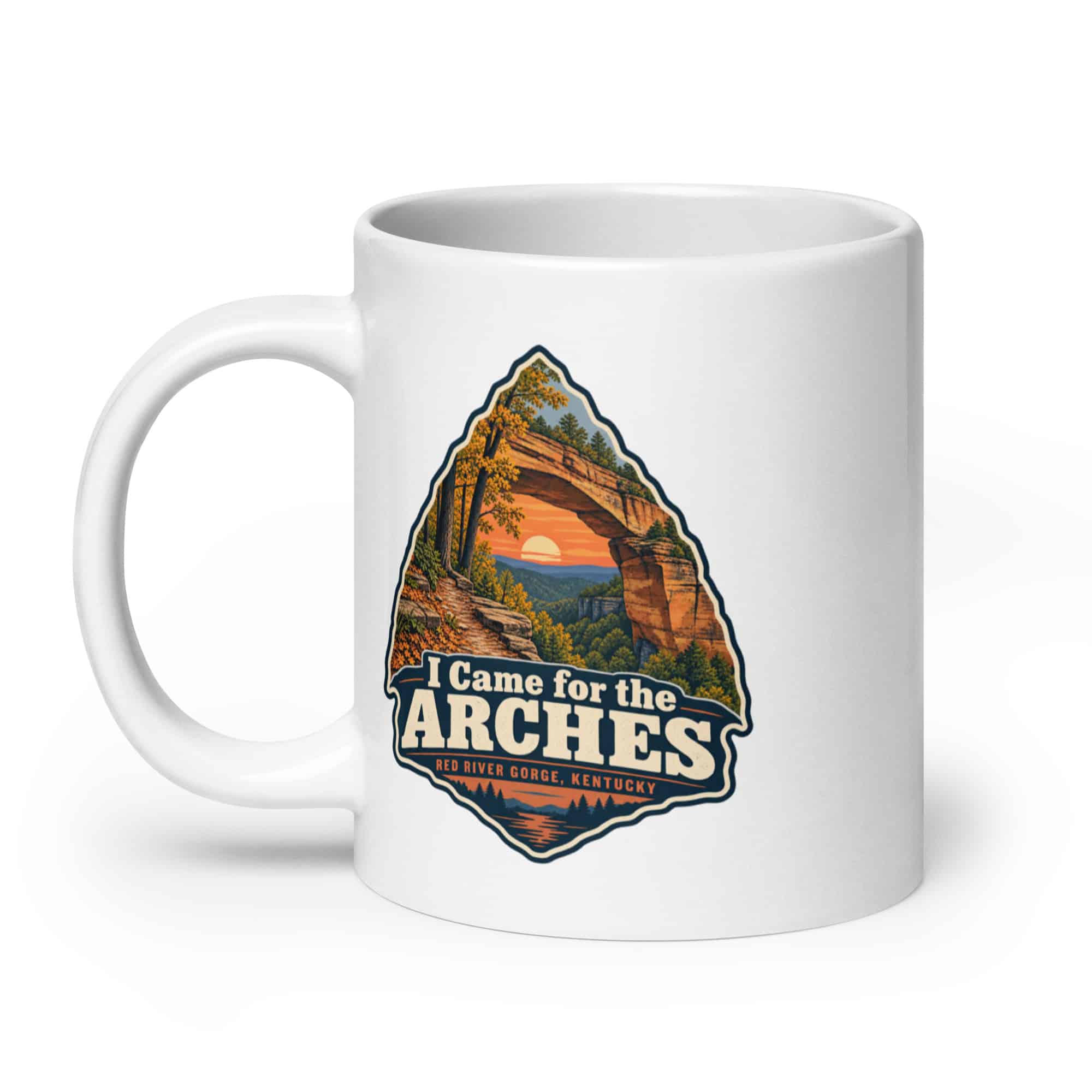Red River Gorge White Ceramic Coffee Mug: I Came for the Arches, Scenic Shield Badge