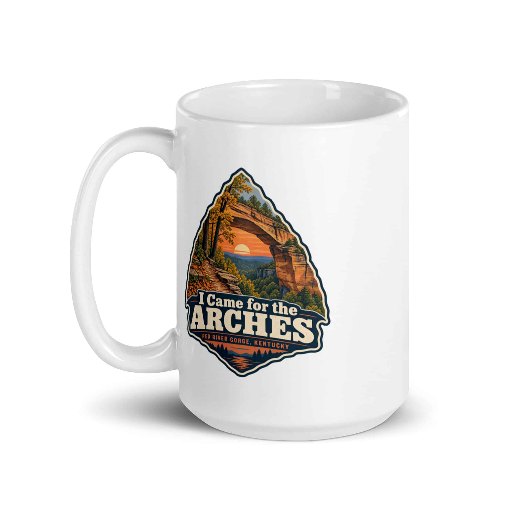 Red River Gorge White Ceramic Coffee Mug: I Came for the Arches, Scenic Shield Badge