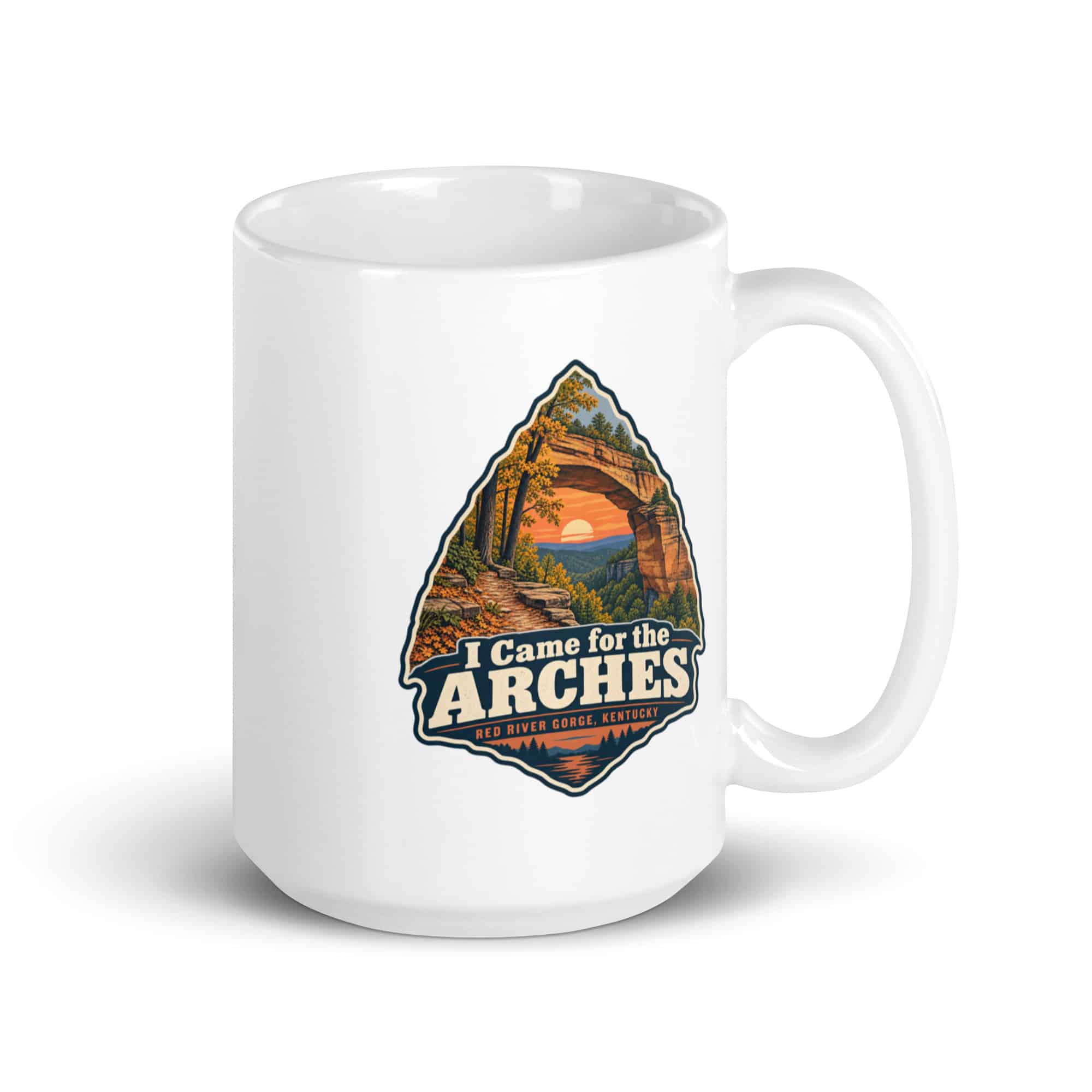 Red River Gorge White Ceramic Coffee Mug: I Came for the Arches, Scenic Shield Badge