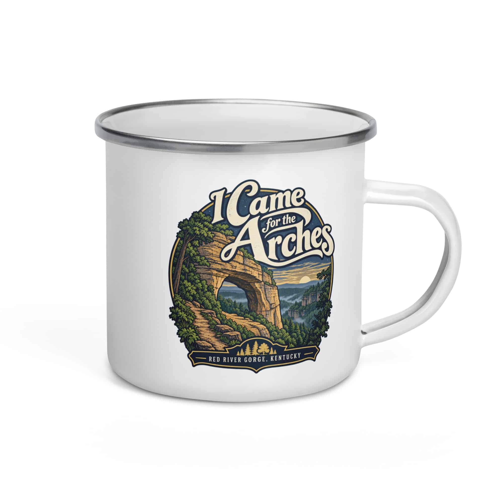 Red River Gorge Enamel Camp Mug: I Came for the Arches, Woodland Scenic Lettering