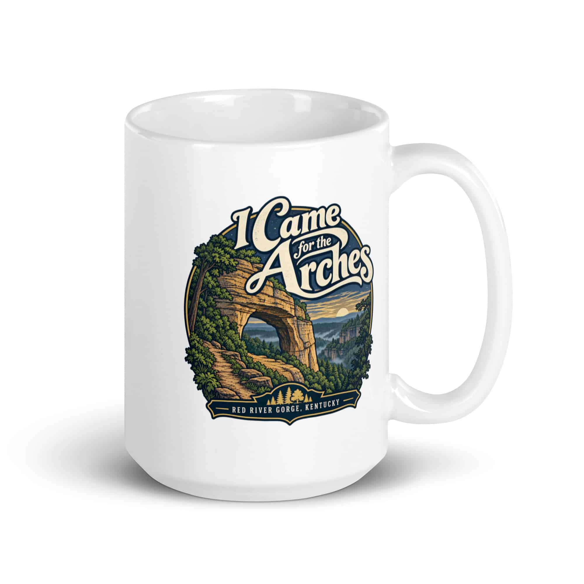 Red River Gorge White Ceramic Coffee Mug: I Came for the Arches, Woodland Scenic Lettering