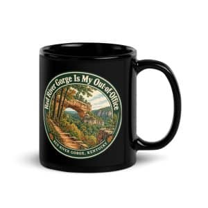 Red River Gorge Black Coffee Mug: Red River Gorge Is My Out-of-Office, Vintage Round Badge - 11 oz - Handle on Right