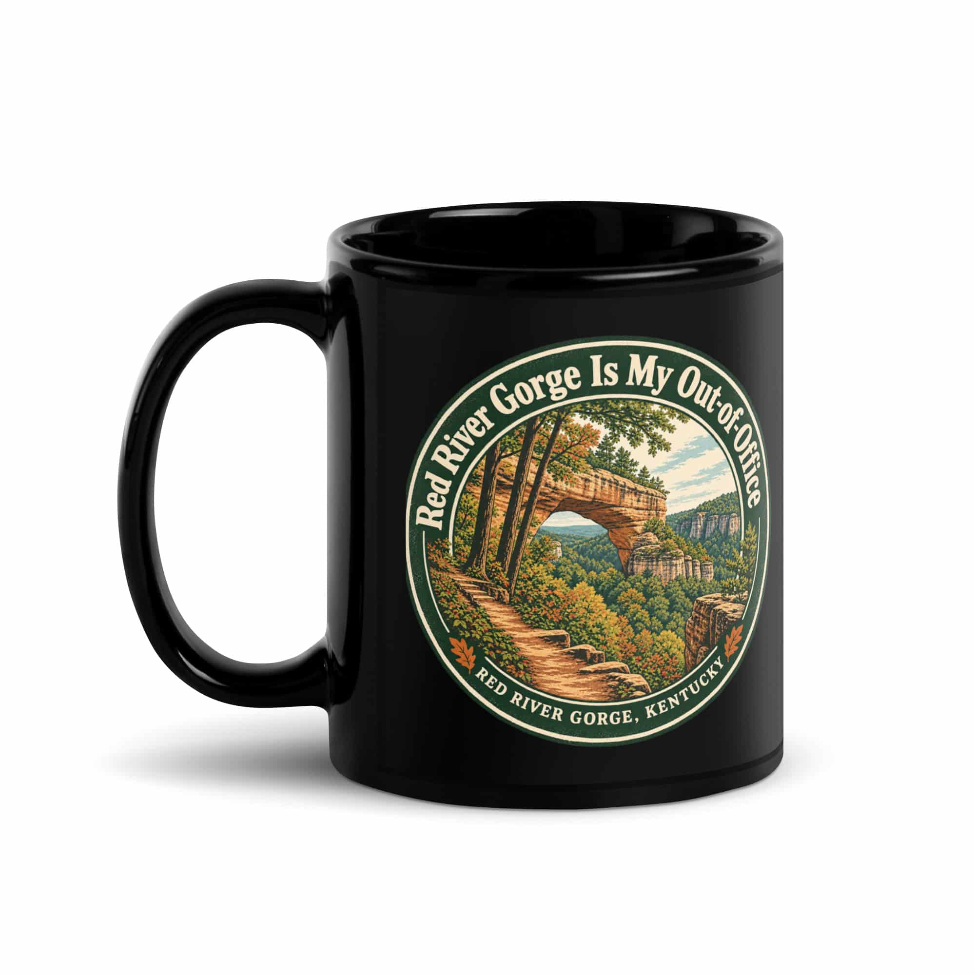 Red River Gorge Black Coffee Mug: Red River Gorge Is My Out-of-Office, Vintage Round Badge