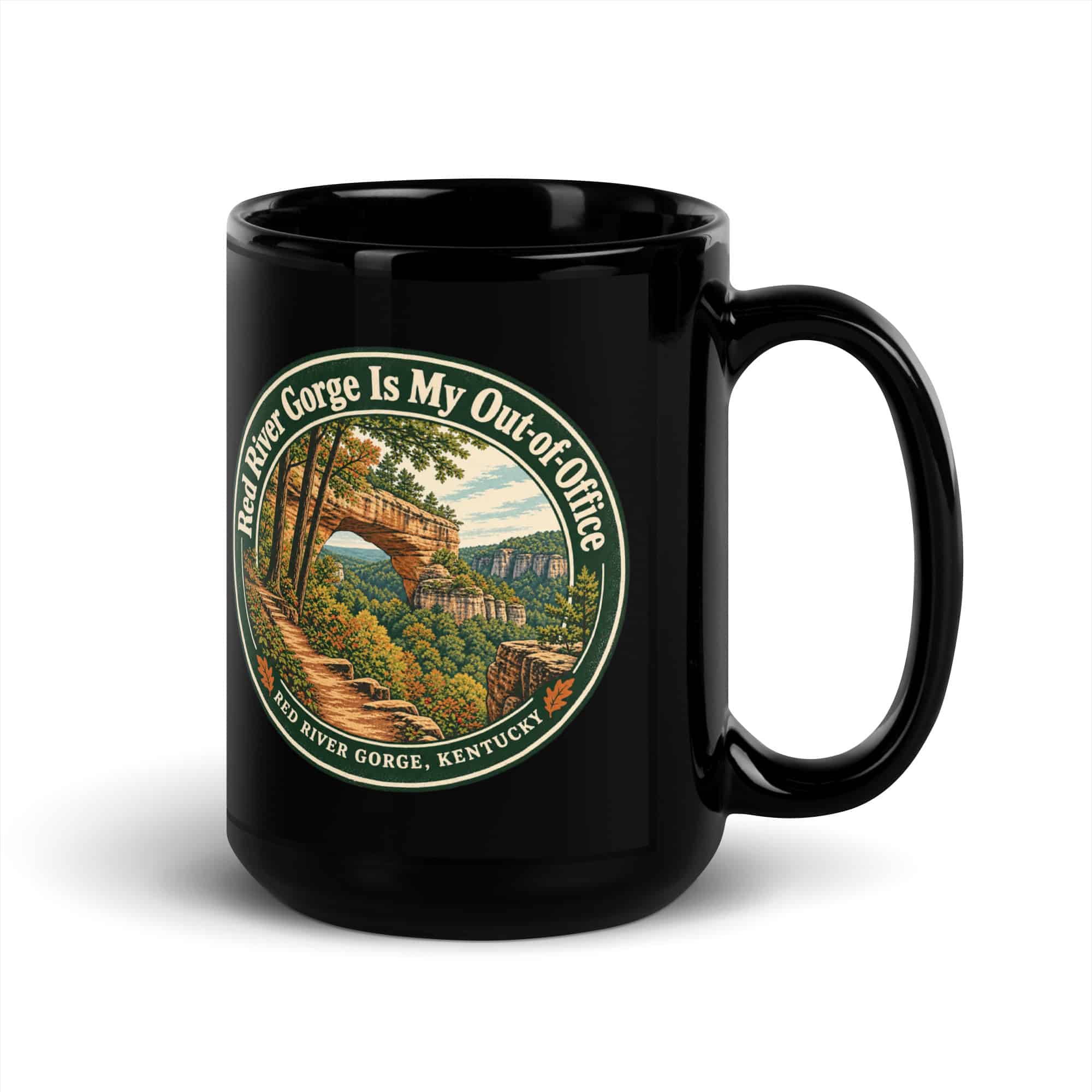 Red River Gorge Black Coffee Mug: Red River Gorge Is My Out-of-Office, Vintage Round Badge