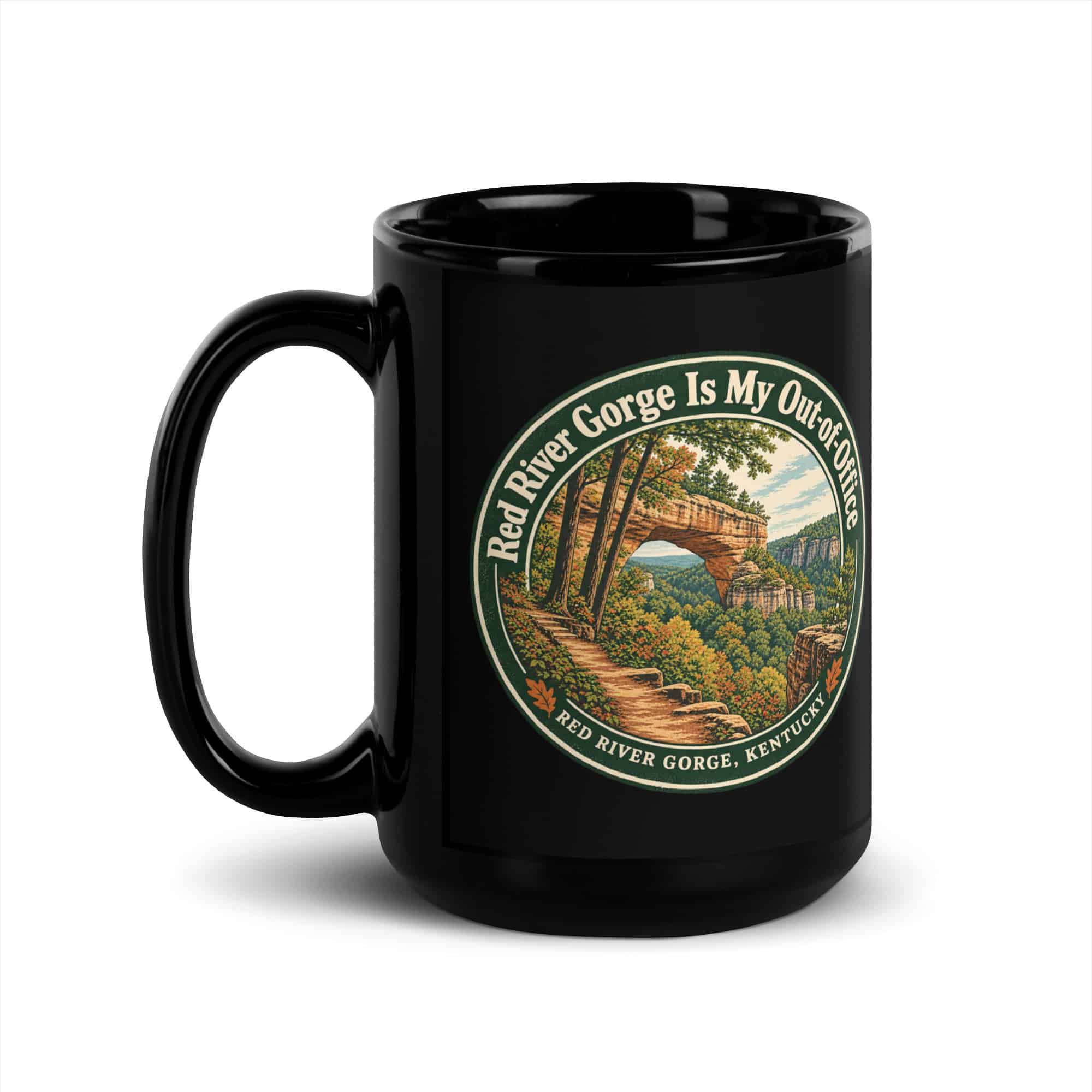Red River Gorge Black Coffee Mug: Red River Gorge Is My Out-of-Office, Vintage Round Badge