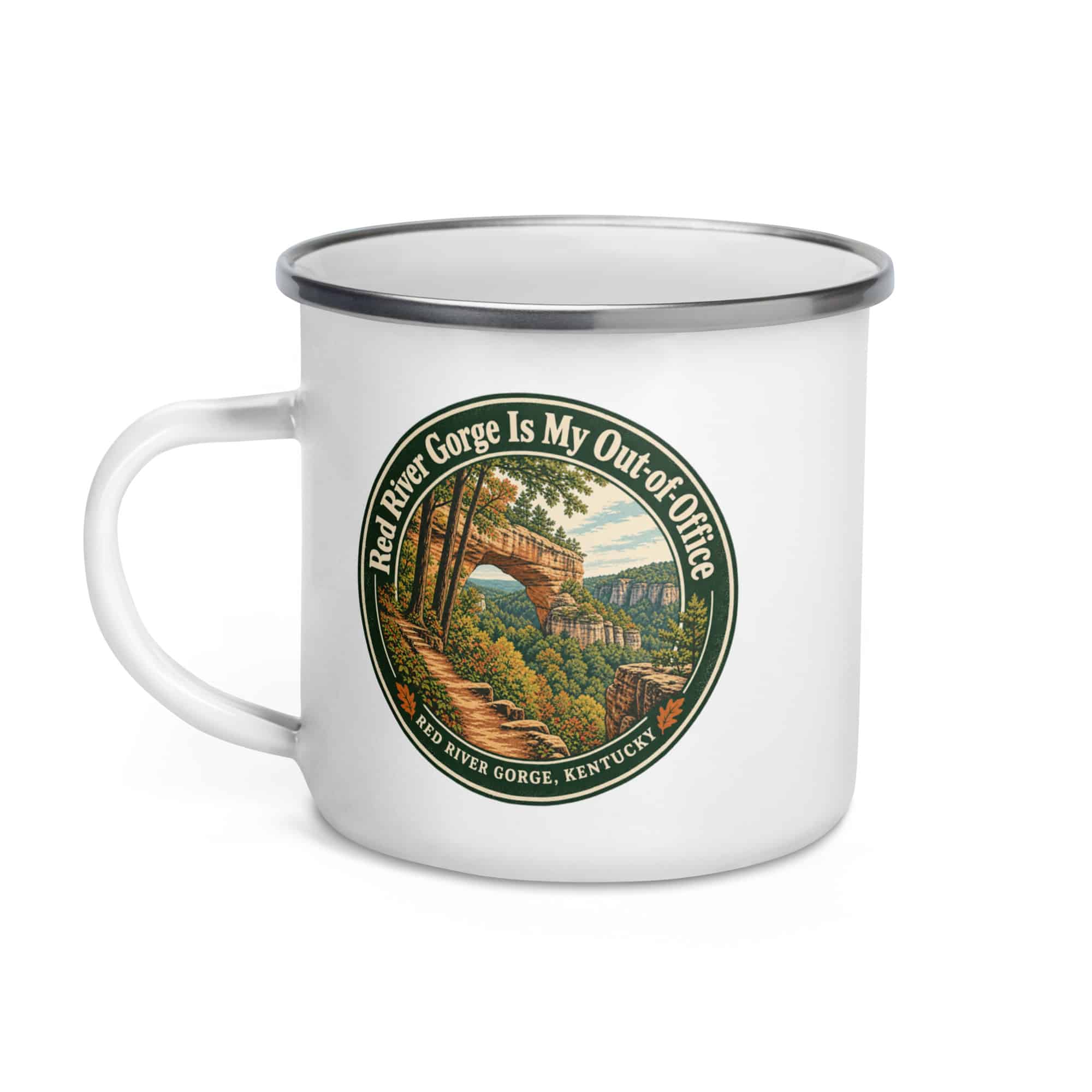 Red River Gorge Enamel Camp Mug: Red River Gorge Is My Out-of-Office, Vintage Round Badge