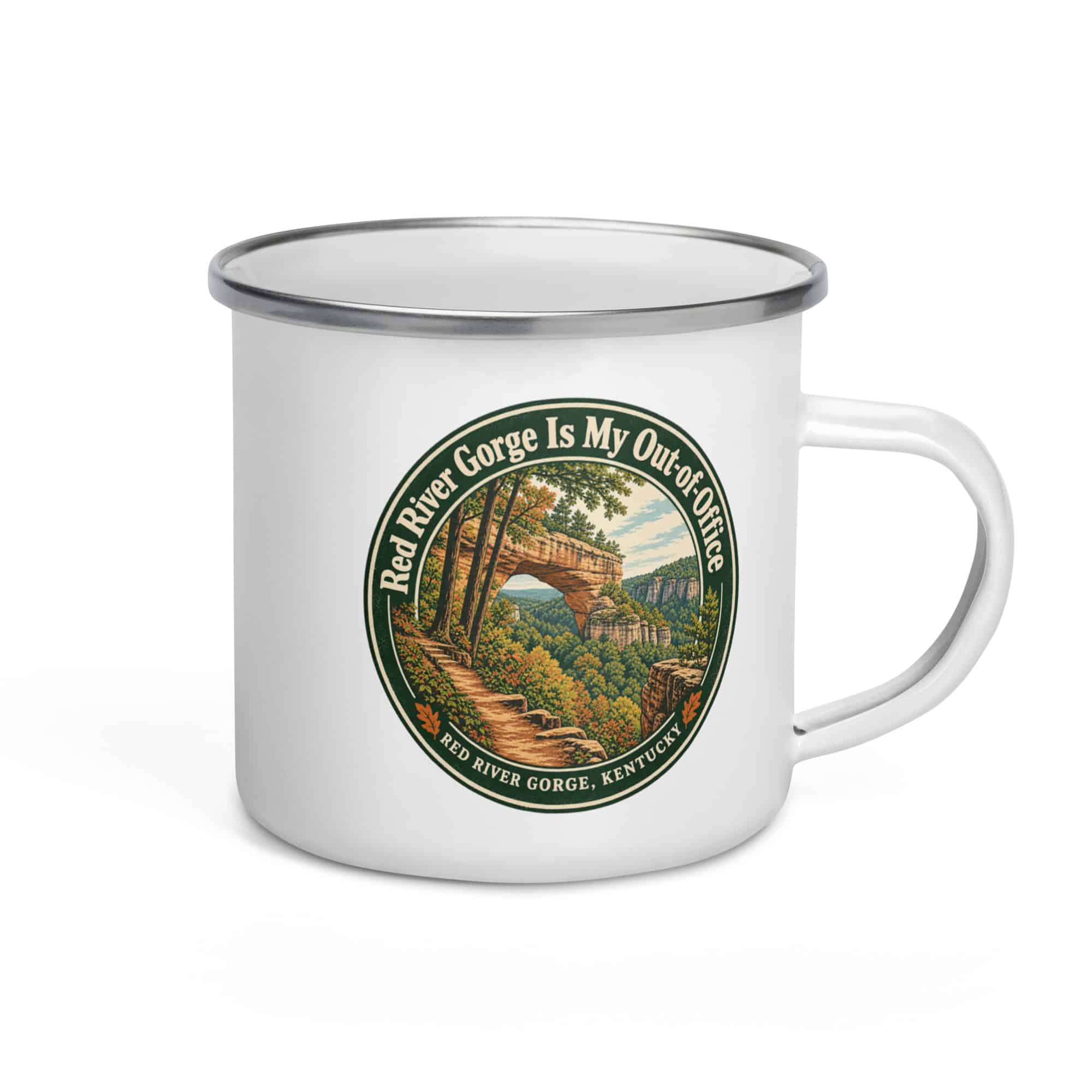 Red River Gorge Enamel Camp Mug: Red River Gorge Is My Out-of-Office, Vintage Round Badge