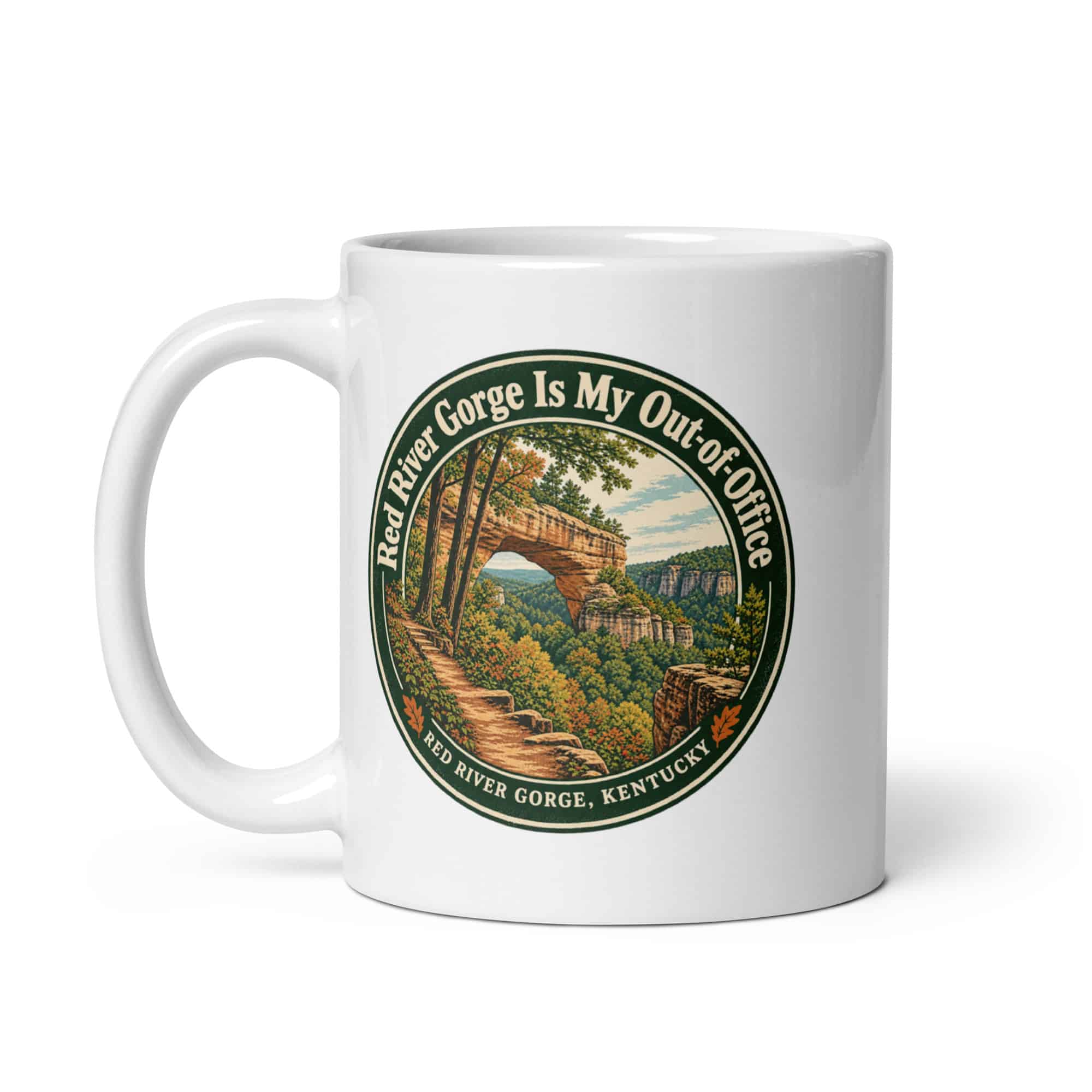 Red River Gorge White Ceramic Coffee Mug: Red River Gorge Is My Out-of-Office, Vintage Round Badge