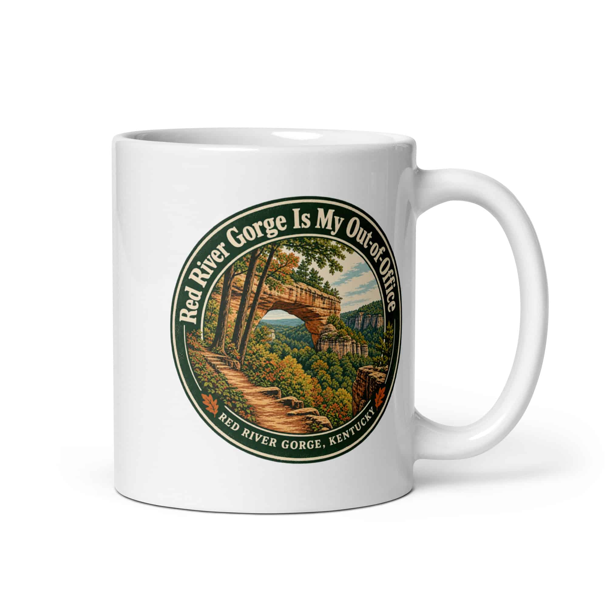 Red River Gorge White Ceramic Coffee Mug: Red River Gorge Is My Out-of-Office, Vintage Round Badge