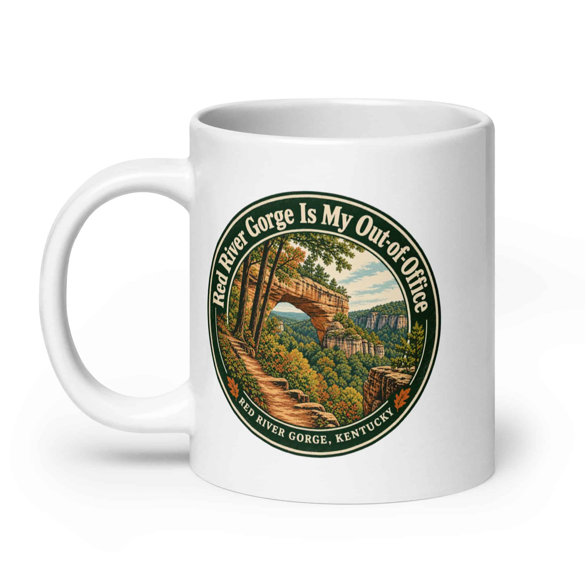 Red River Gorge White Ceramic Coffee Mug: Red River Gorge Is My Out-of-Office, Vintage Round Badge