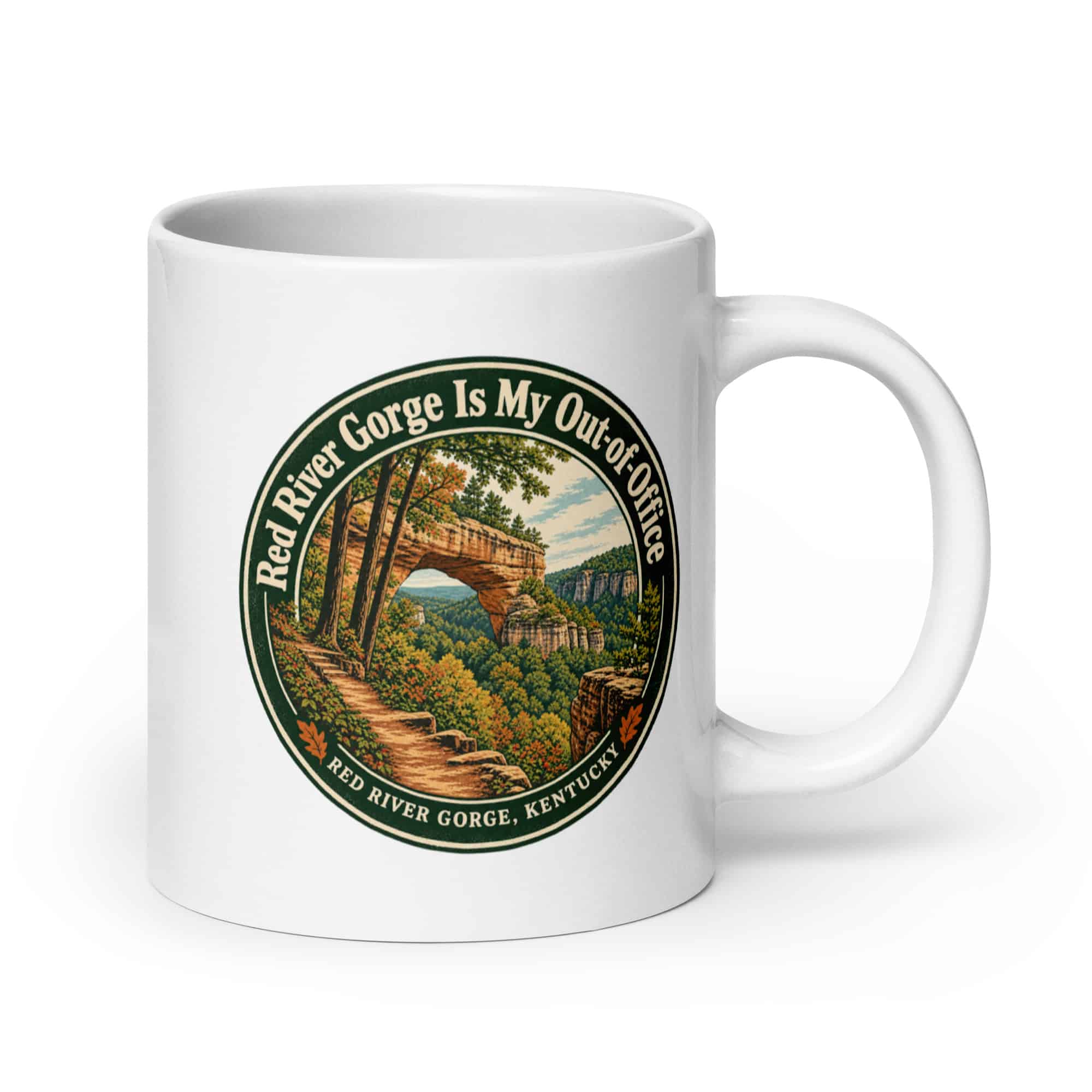 Red River Gorge White Ceramic Coffee Mug: Red River Gorge Is My Out-of-Office, Vintage Round Badge