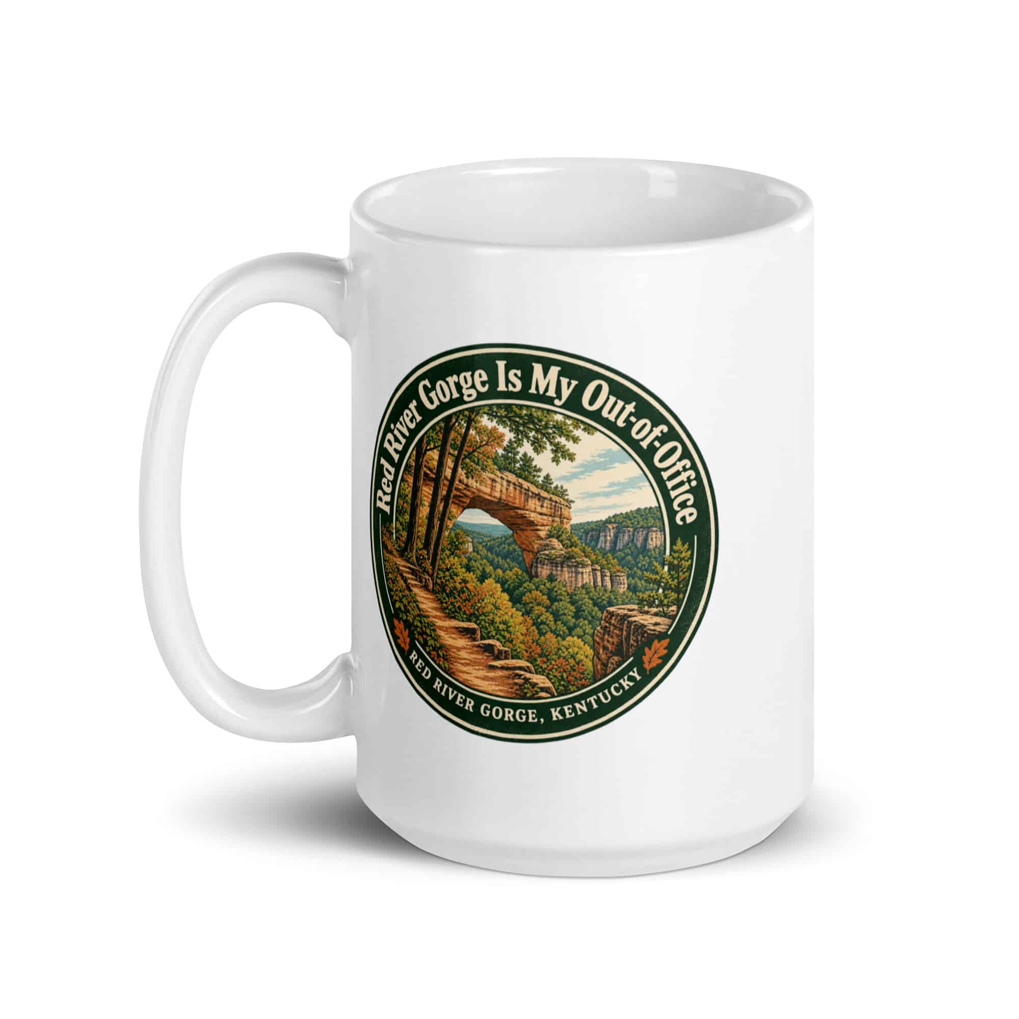 Red River Gorge White Ceramic Coffee Mug: Red River Gorge Is My Out-of-Office, Vintage Round Badge