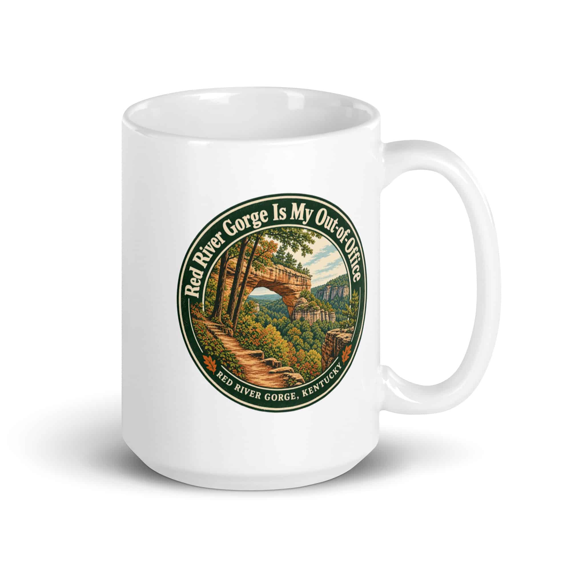 Red River Gorge White Ceramic Coffee Mug: Red River Gorge Is My Out-of-Office, Vintage Round Badge
